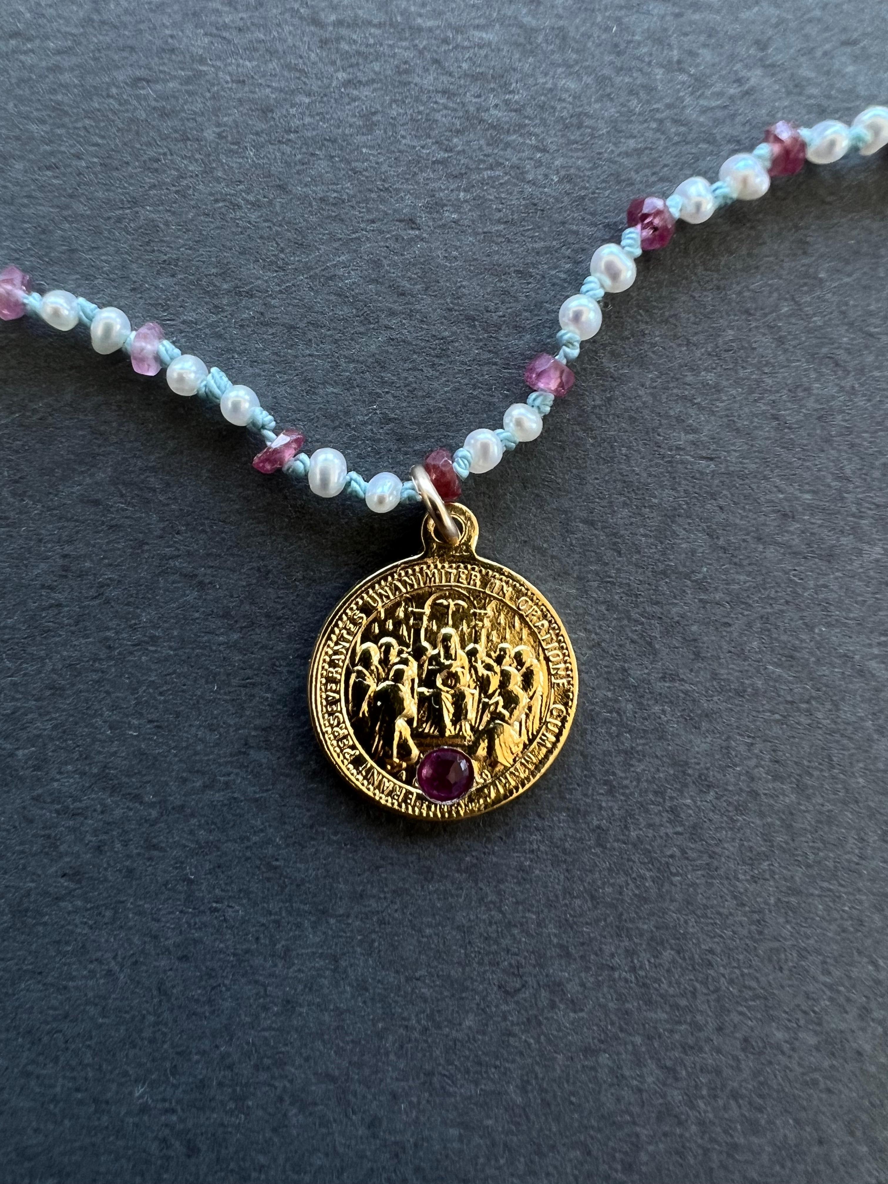 Pink Tourmaline Sacred Heart White Pearl Opal Ruby Beaded Choker Necklace In New Condition For Sale In Los Angeles, CA