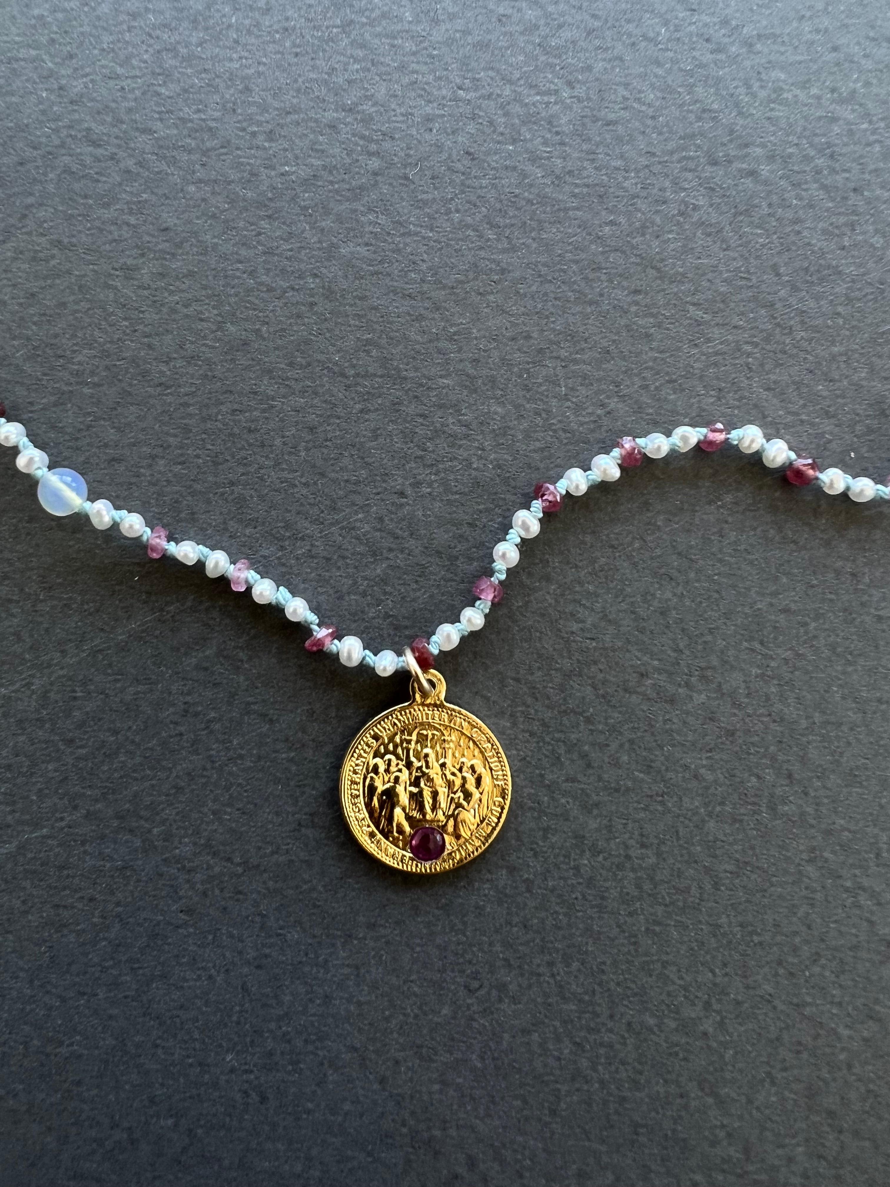 Women's Pink Tourmaline Sacred Heart White Pearl Opal Ruby Beaded Choker Necklace For Sale