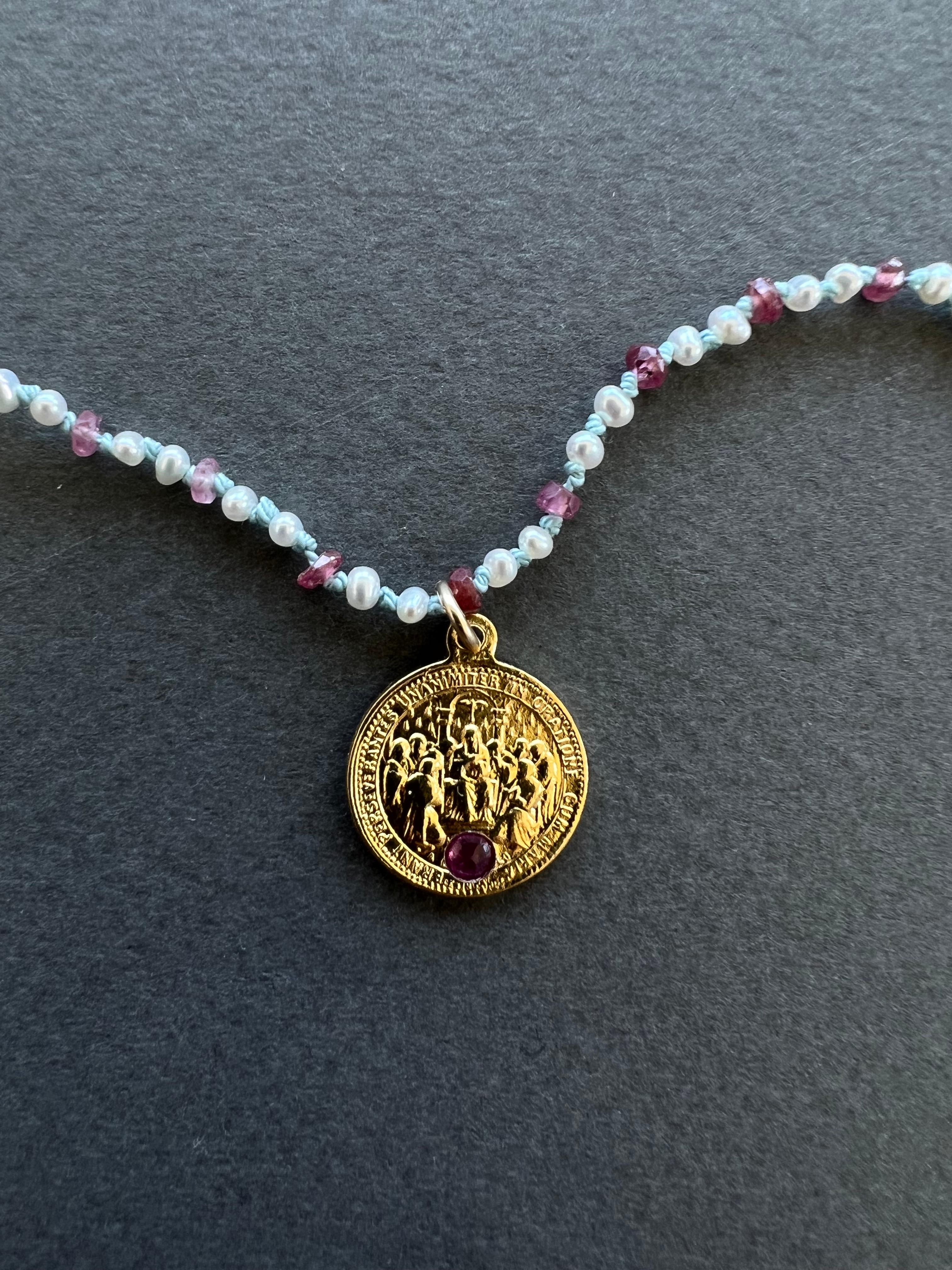 Choker-Halskette mit rosa Turmalin, Heiligem Herz, weißer Perle, Opal, Rubin, Perlen im Angebot 2