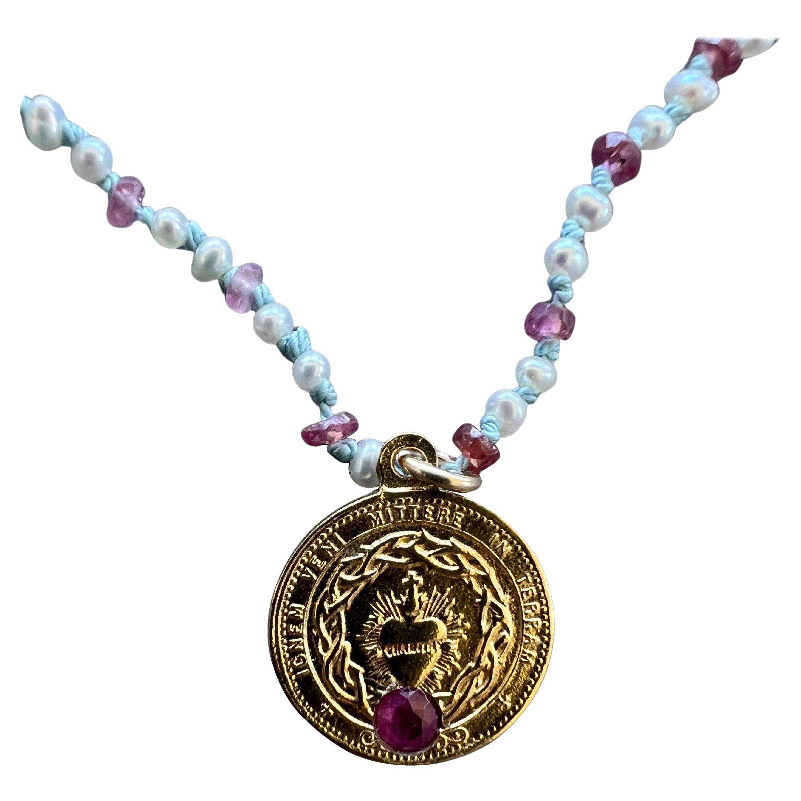 Choker-Halskette mit rosa Turmalin, Heiligem Herz, weißer Perle, Opal, Rubin, Perlen