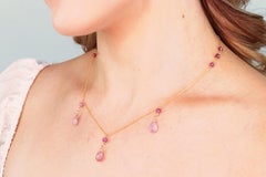 Pink Tourmaline, Sapphire, 14K Gold Filled Pear Drop Station Necklace 17”-19”