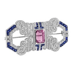 Pink Tourmaline Sapphire and Diamond Art Deco Style Brooch in 18K White Gold