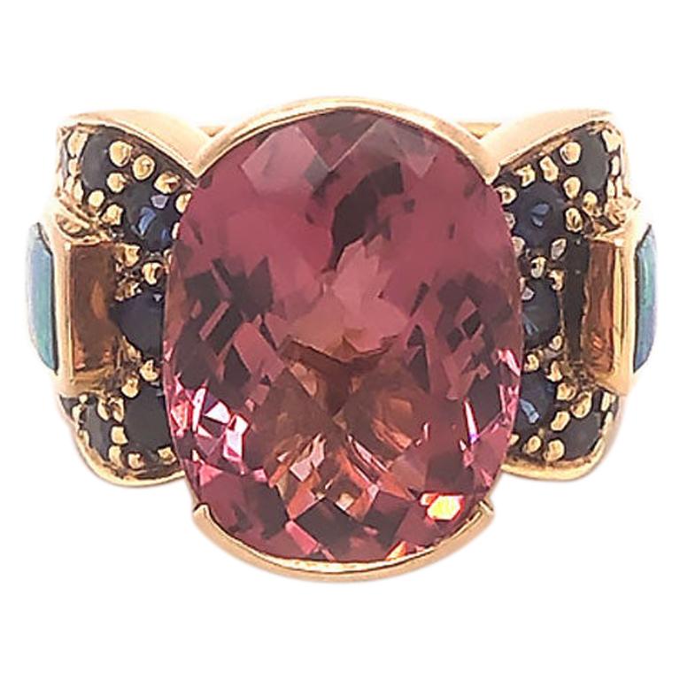 Pink Tourmaline, Sapphire and Opal Statement Ring