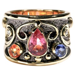 Bague à anneau cigare en or jaune 18 carats avec tourmaline rose, saphir et diamant, taille US 6