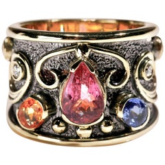 Bague à anneau cigare en or jaune 18 carats avec tourmaline rose, saphir et diamant, taille US 8