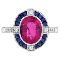 Pink Tourmaline Sapphire Diamond Art Deco Style Target Engagement Ring in 14K