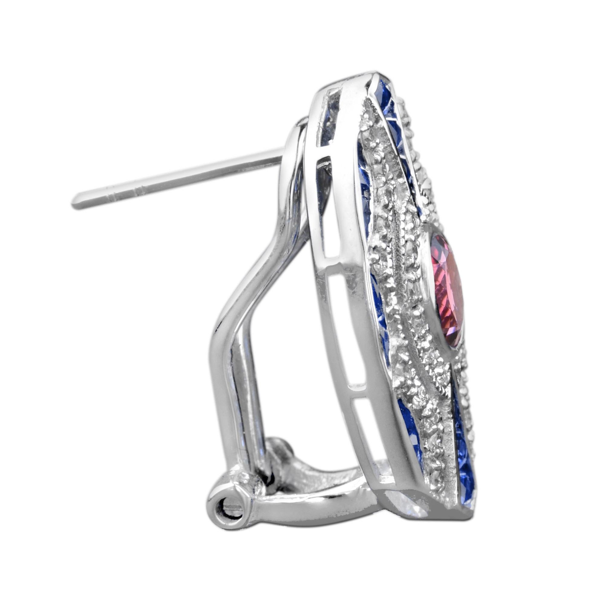 Art Deco Pink Tourmaline Sapphire Diamond Omega Earrings in 18K White Gold For Sale