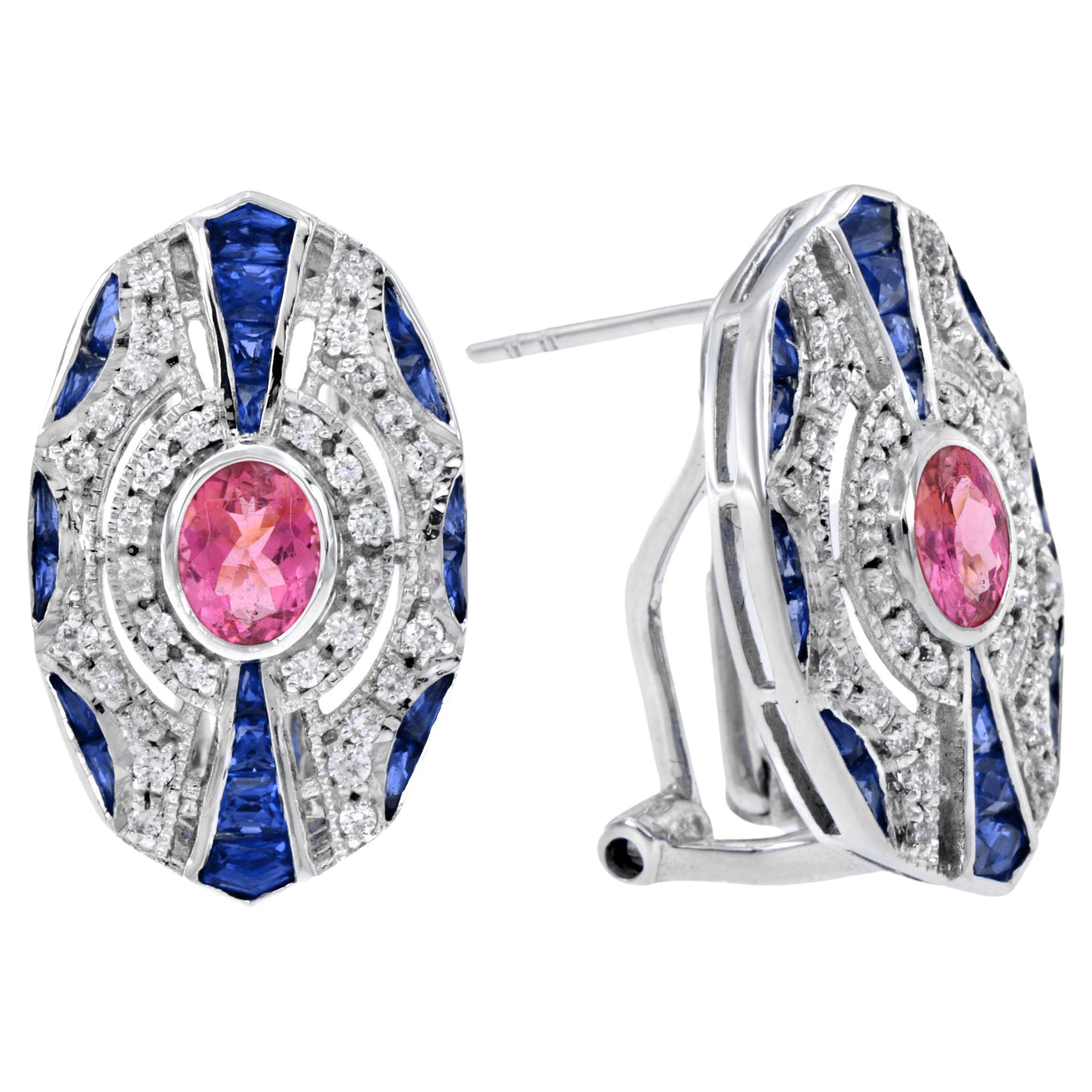 Pink Tourmaline Sapphire Diamond Omega Earrings in 18K White Gold