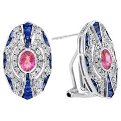Pink Tourmaline Sapphire Diamond Omega Earrings in 18K White Gold