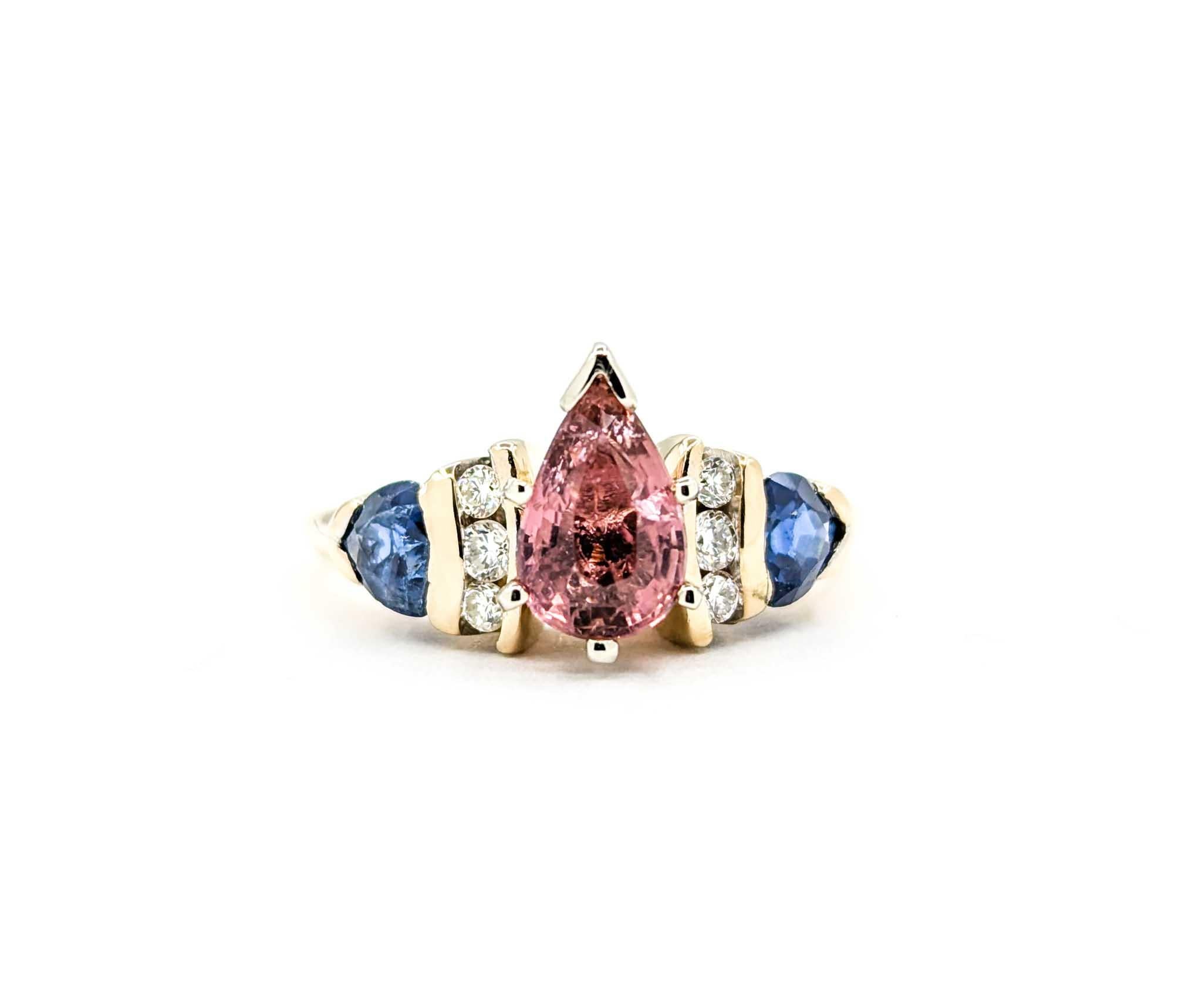 Pink Tourmaline, Sapphire & Diamond Ring in 14k Yellow Gold For Sale 5
