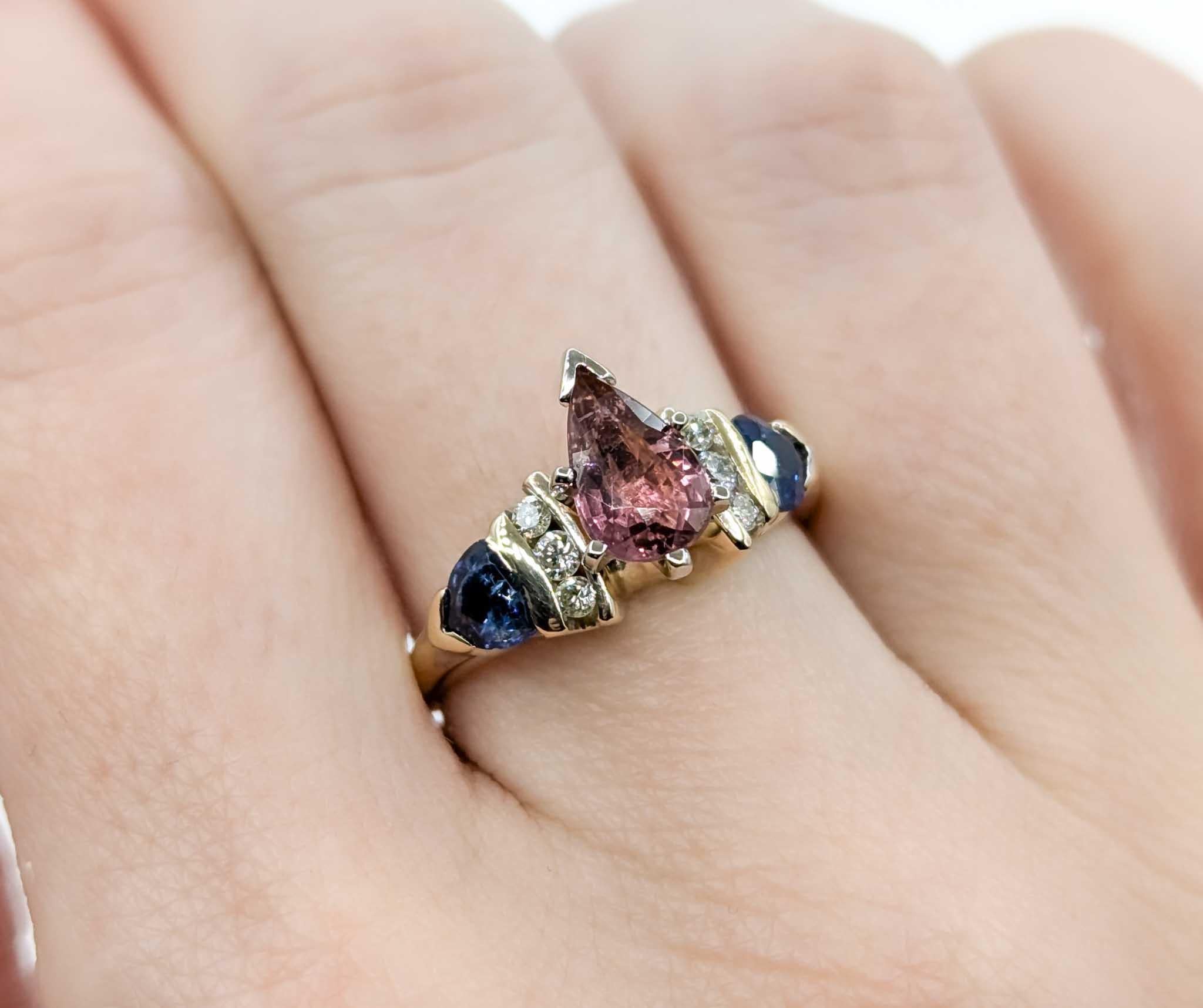 Pear Cut Pink Tourmaline, Sapphire & Diamond Ring in 14k Yellow Gold For Sale