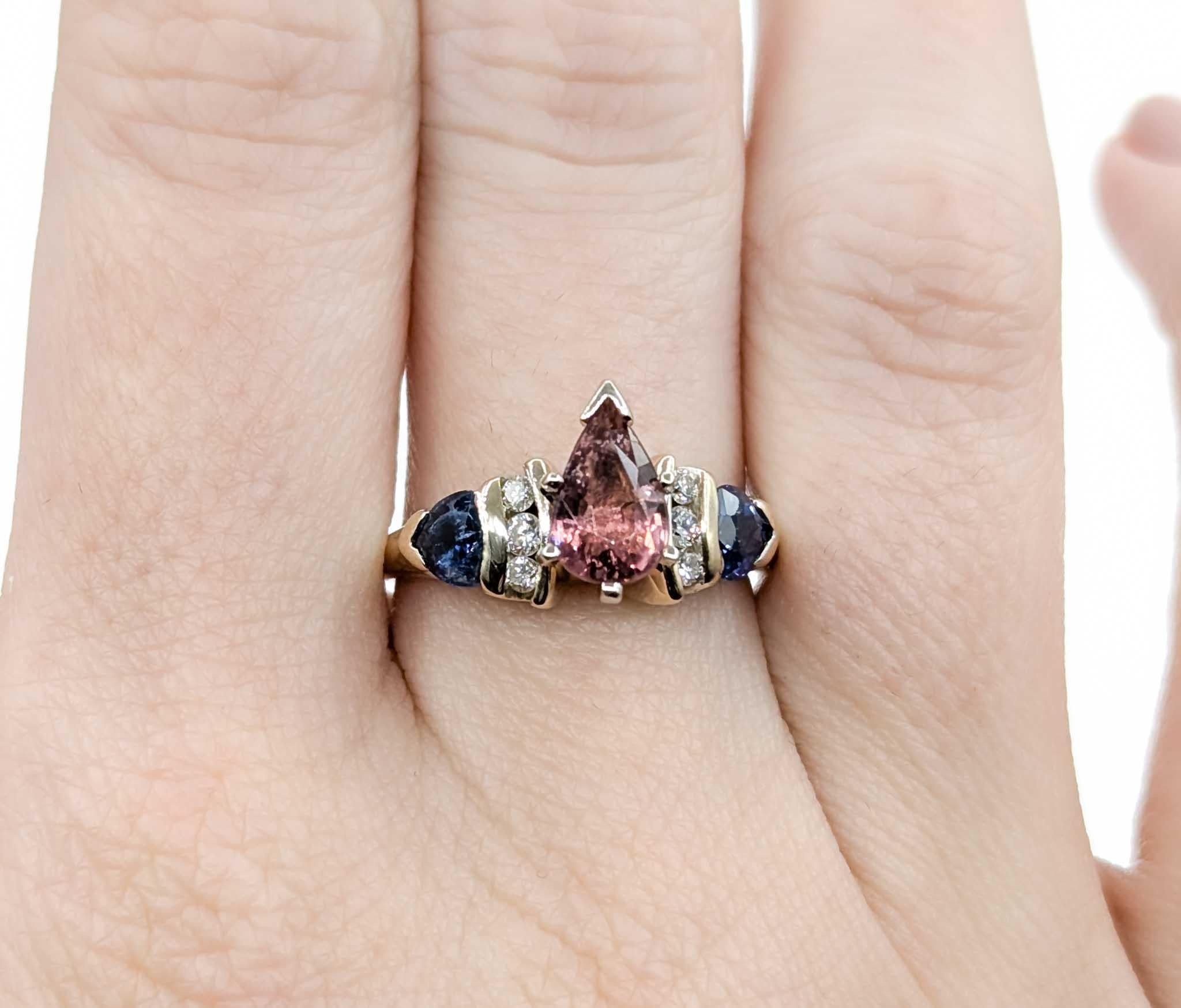 Pink Tourmaline, Sapphire & Diamond Ring in 14k Yellow Gold In Excellent Condition For Sale In Bloomington, MN