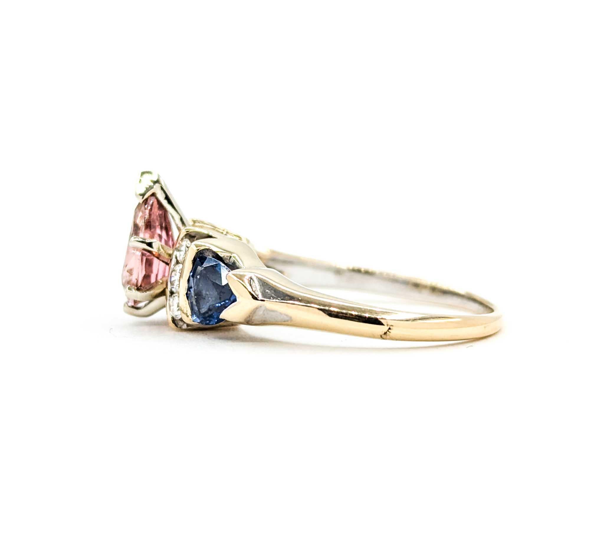 Pink Tourmaline, Sapphire & Diamond Ring in 14k Yellow Gold For Sale 3