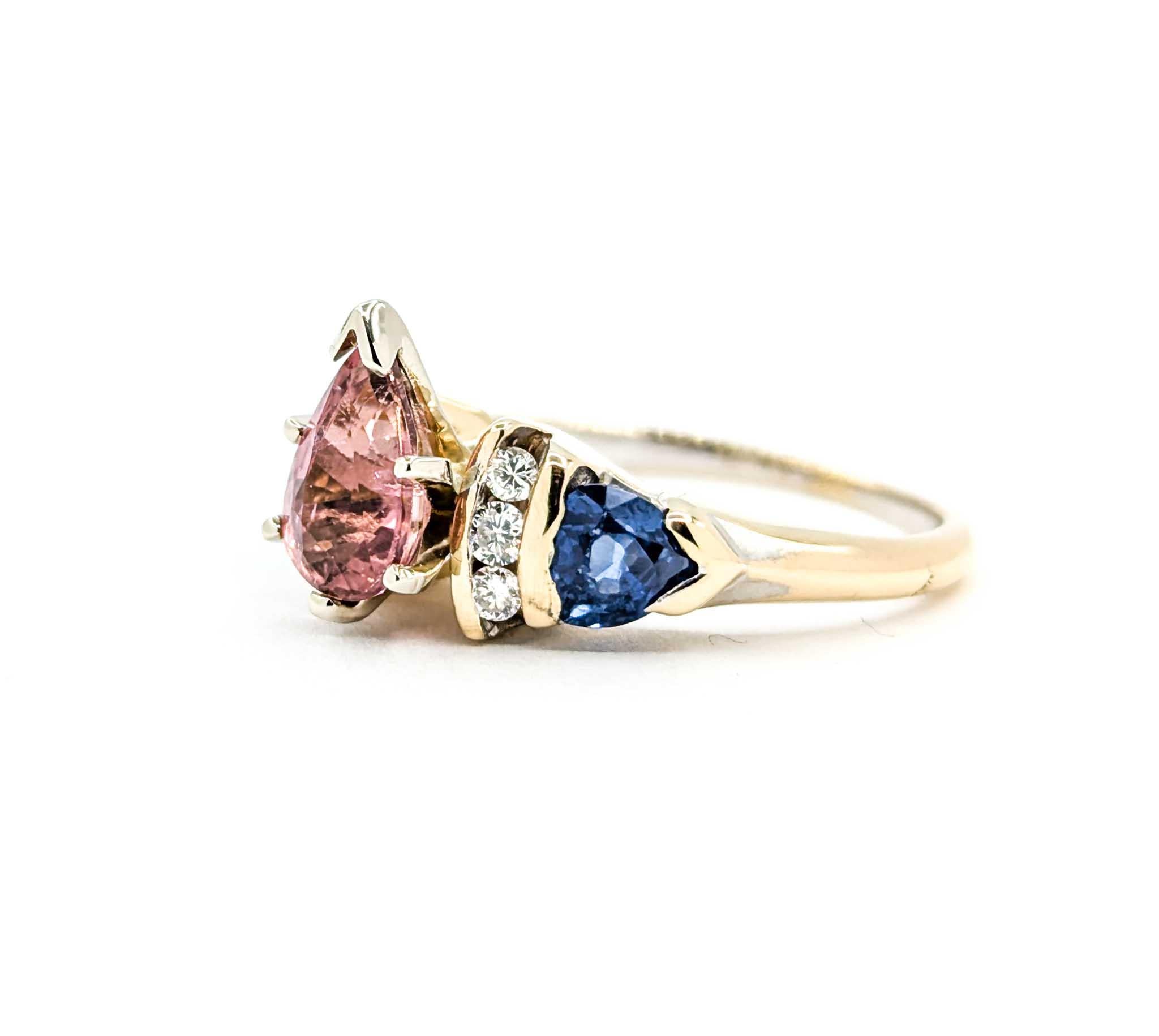 Pink Tourmaline, Sapphire & Diamond Ring in 14k Yellow Gold For Sale 4