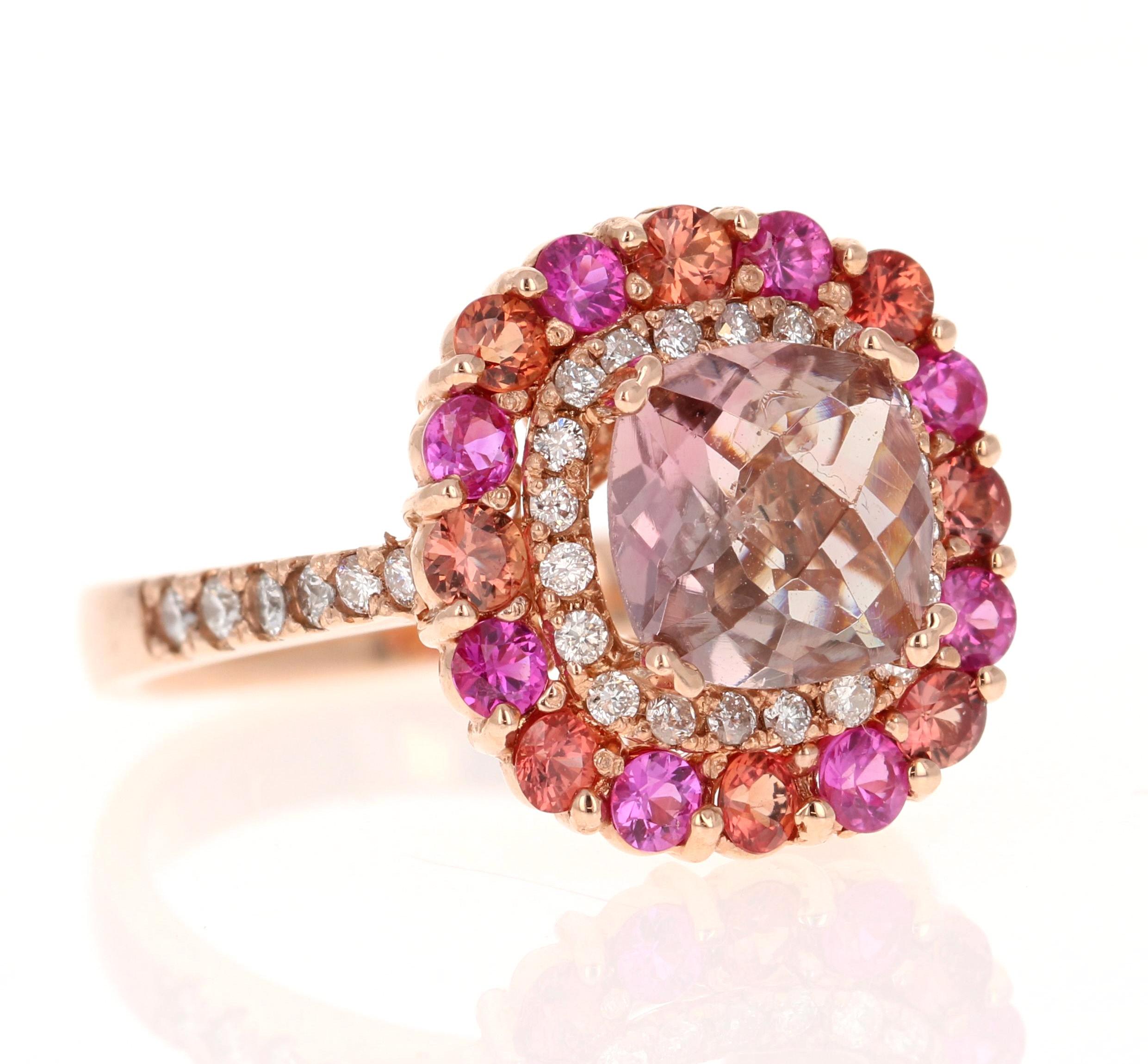 Anillo de Oro Rosa con Turmalina Rosa Zafiro Diamante Contemporáneo en venta