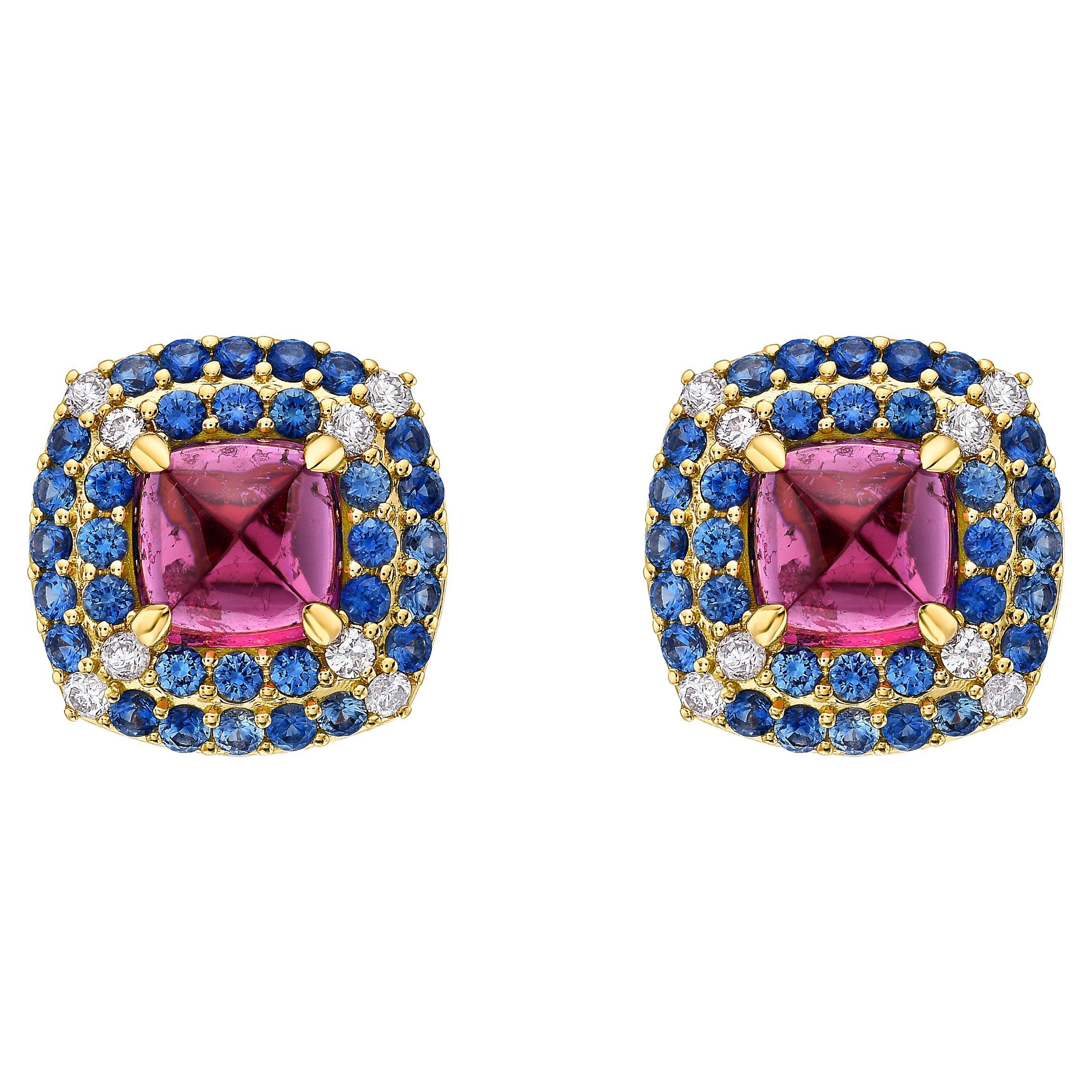 Clous d'oreilles en or 18 carats avec tourmaline rose, saphirs et diamants roses d'Argyle