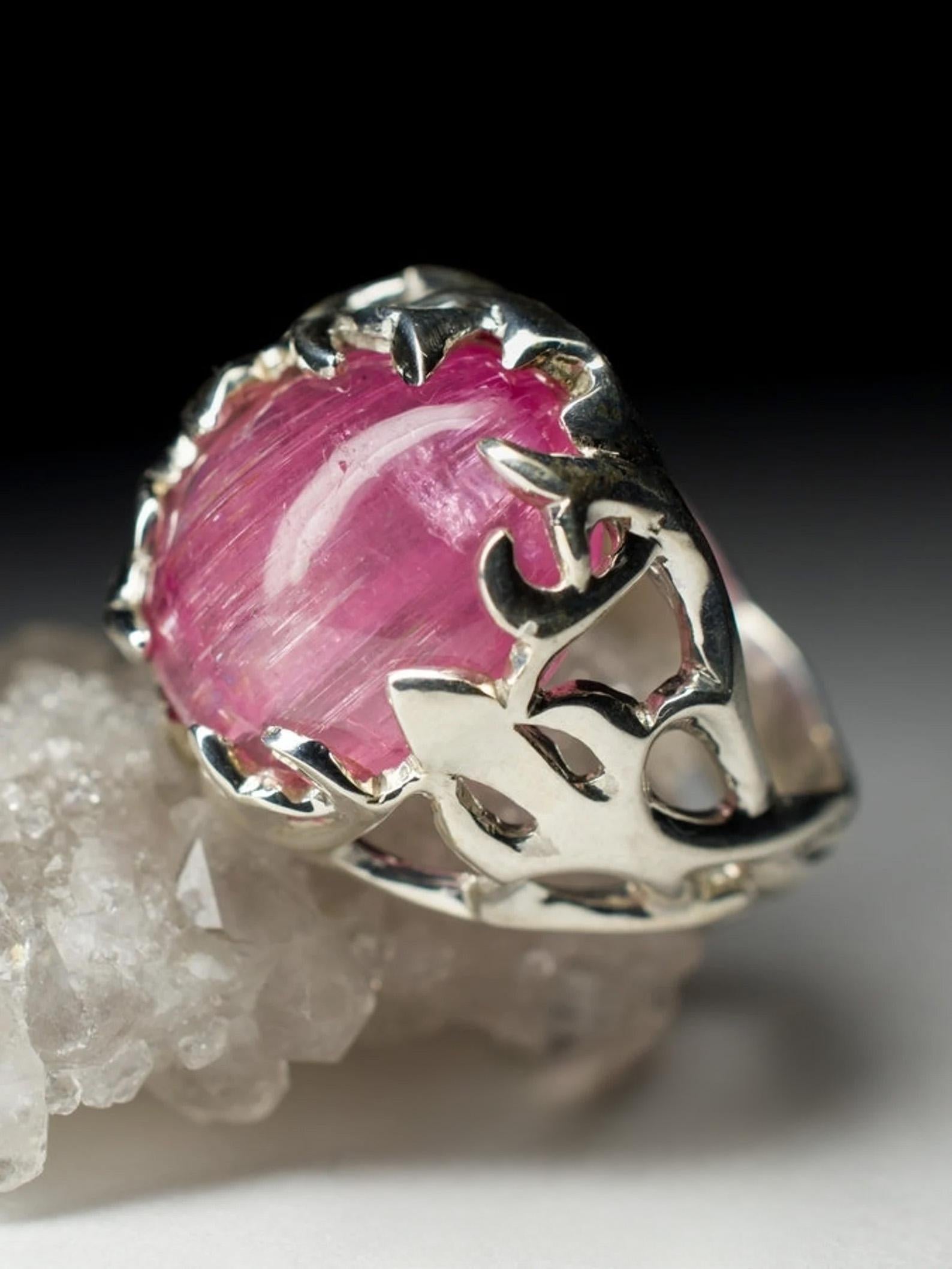 Artisan Pink Tourmaline Silver Ring Cat's Eye Effect Rubellite Rose Barbie Gemstone For Sale