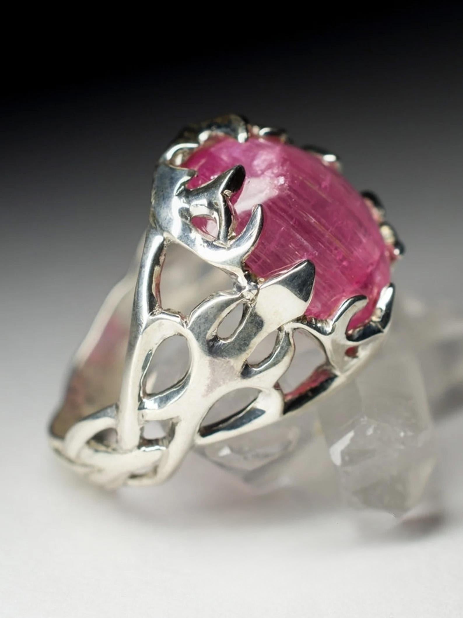 Pink Tourmaline Silver Ring Cat's Eye Effect Rubellite Rose Barbie Gemstone In New Condition For Sale In Berlin, DE