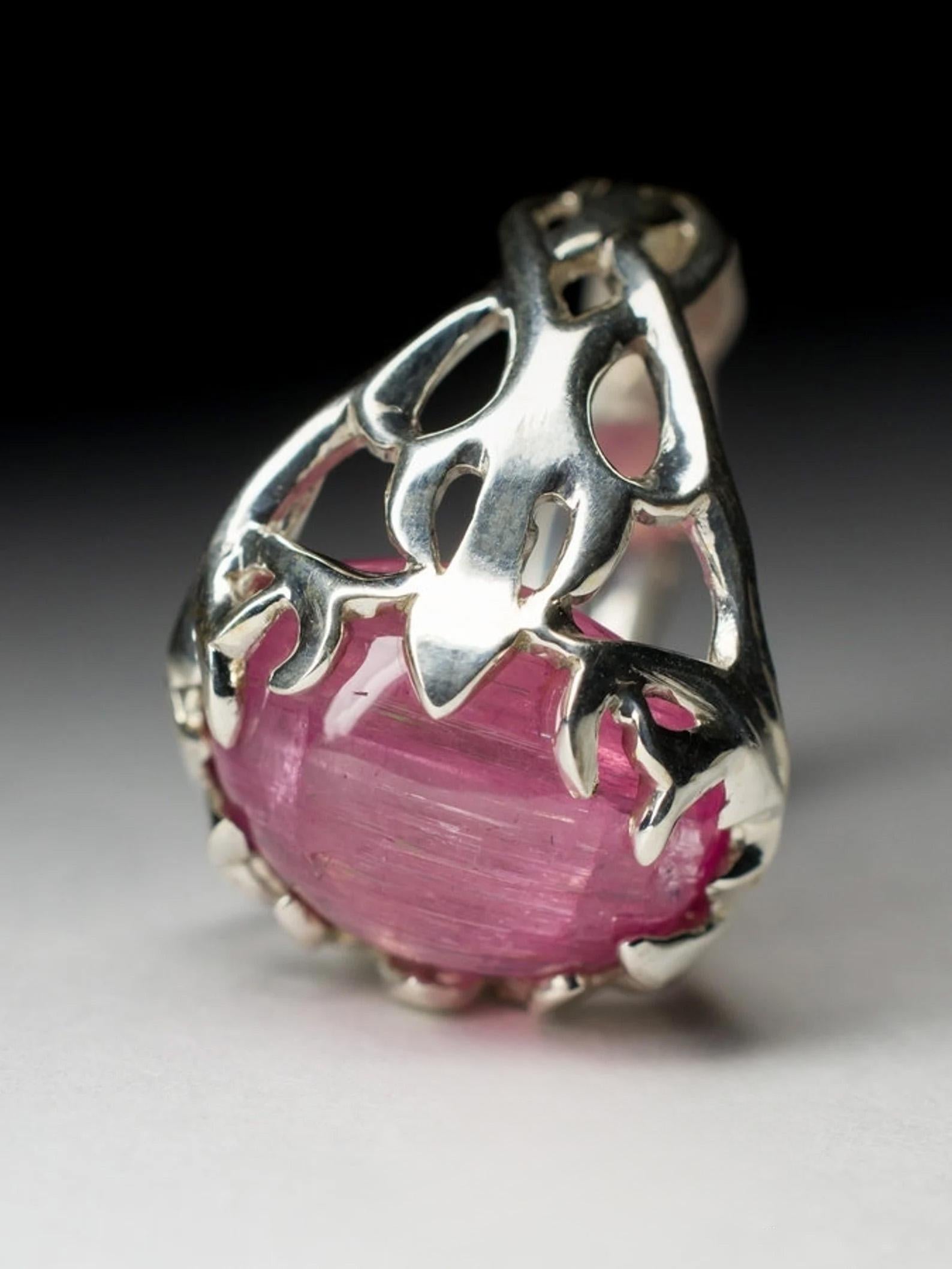 Women's or Men's Pink Tourmaline Silver Ring Cat's Eye Effect Rubellite Rose Barbie Gemstone For Sale