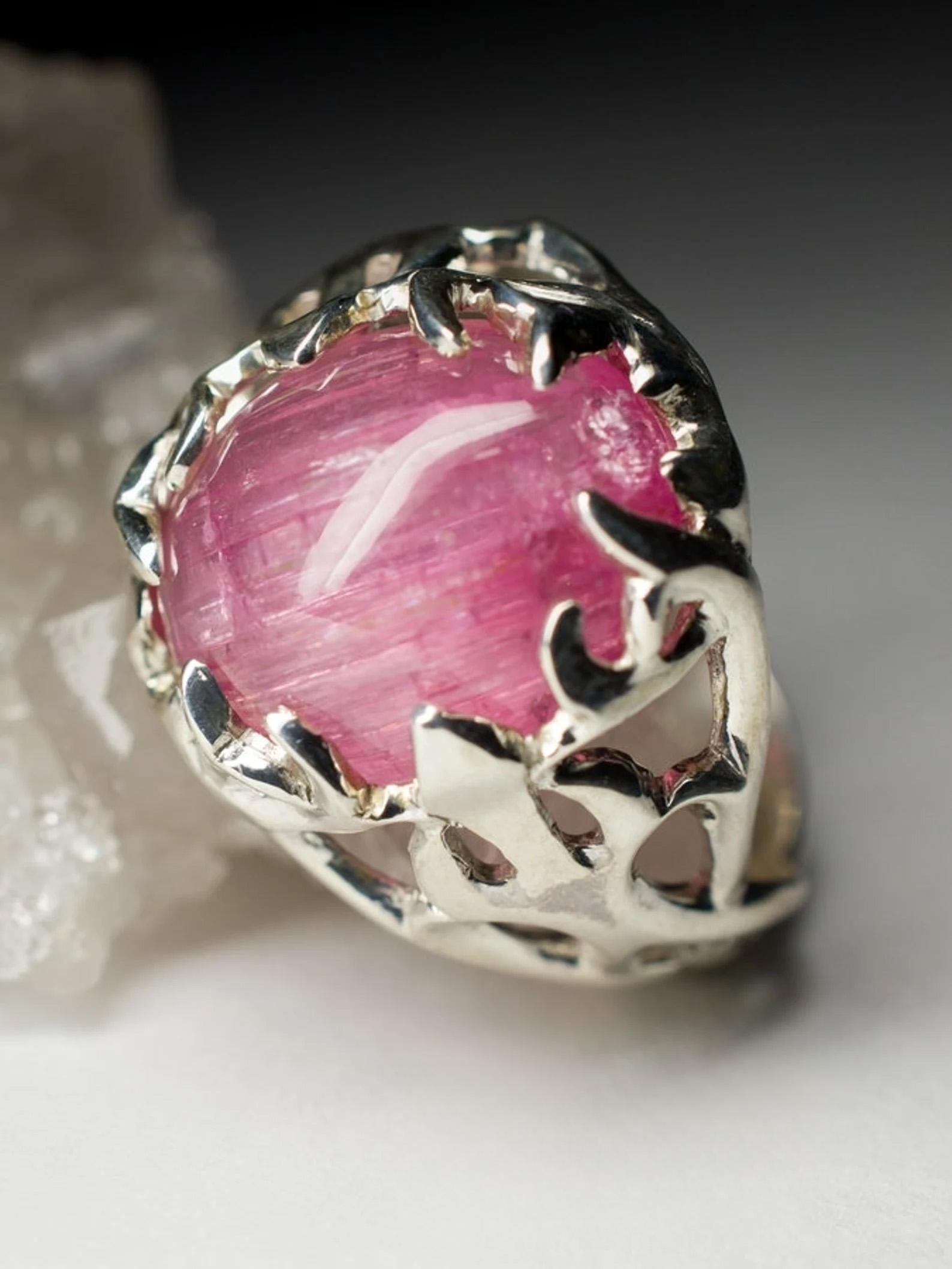 Pink Tourmaline Silver Ring Cat's Eye Effect Rubellite Rose Barbie Gemstone For Sale 2