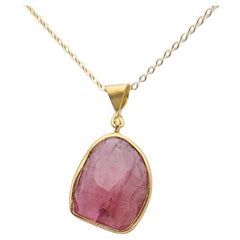 Pink Tourmaline Sliced Gem Pendent Sterling Silver Plated with Yellow Gold