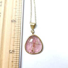Pink Tourmaline Sliced Gem Pendent Sterling Silver Plated with Yellow Gold