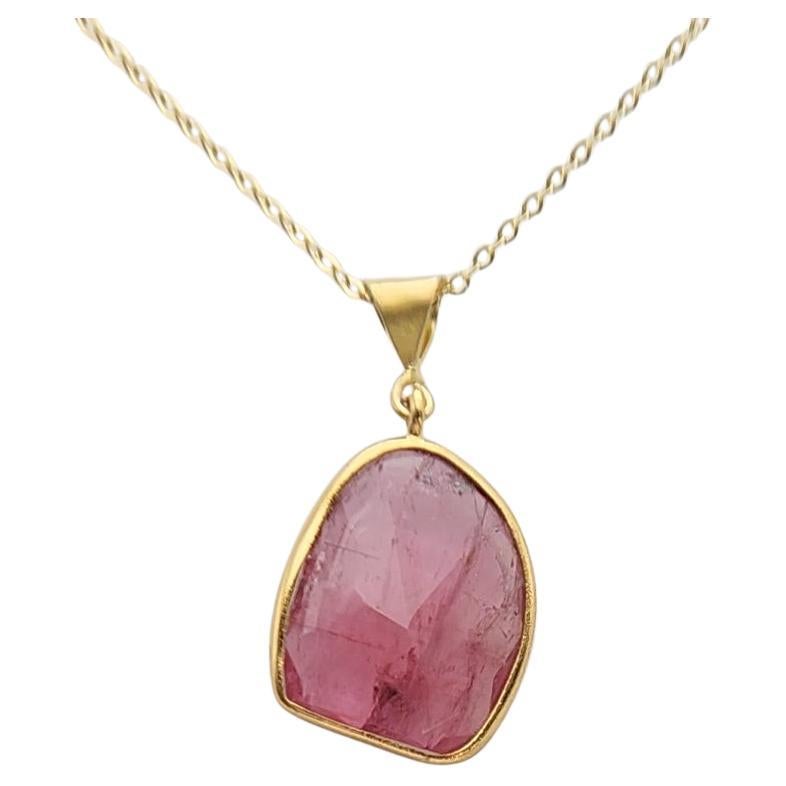 Pink Tourmaline Sliced Gem Pendent Sterling Silver Plated with Yellow Gold