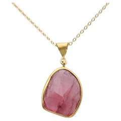 Pink Tourmaline Sliced Gem Pendent Sterling Silver Plated with Yellow Gold