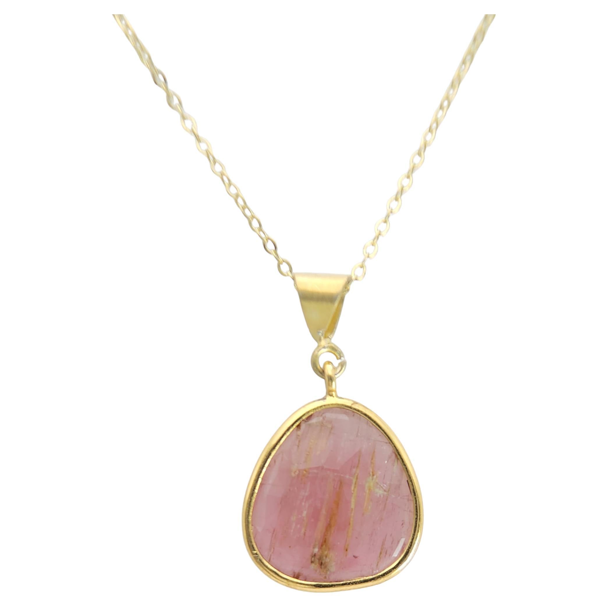 Pink Tourmaline Sliced Gem Pendent Sterling Silver Plated with Yellow Gold