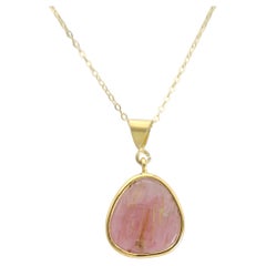 Pink Tourmaline Sliced Gem Pendent Sterling Silver Plated with Yellow Gold