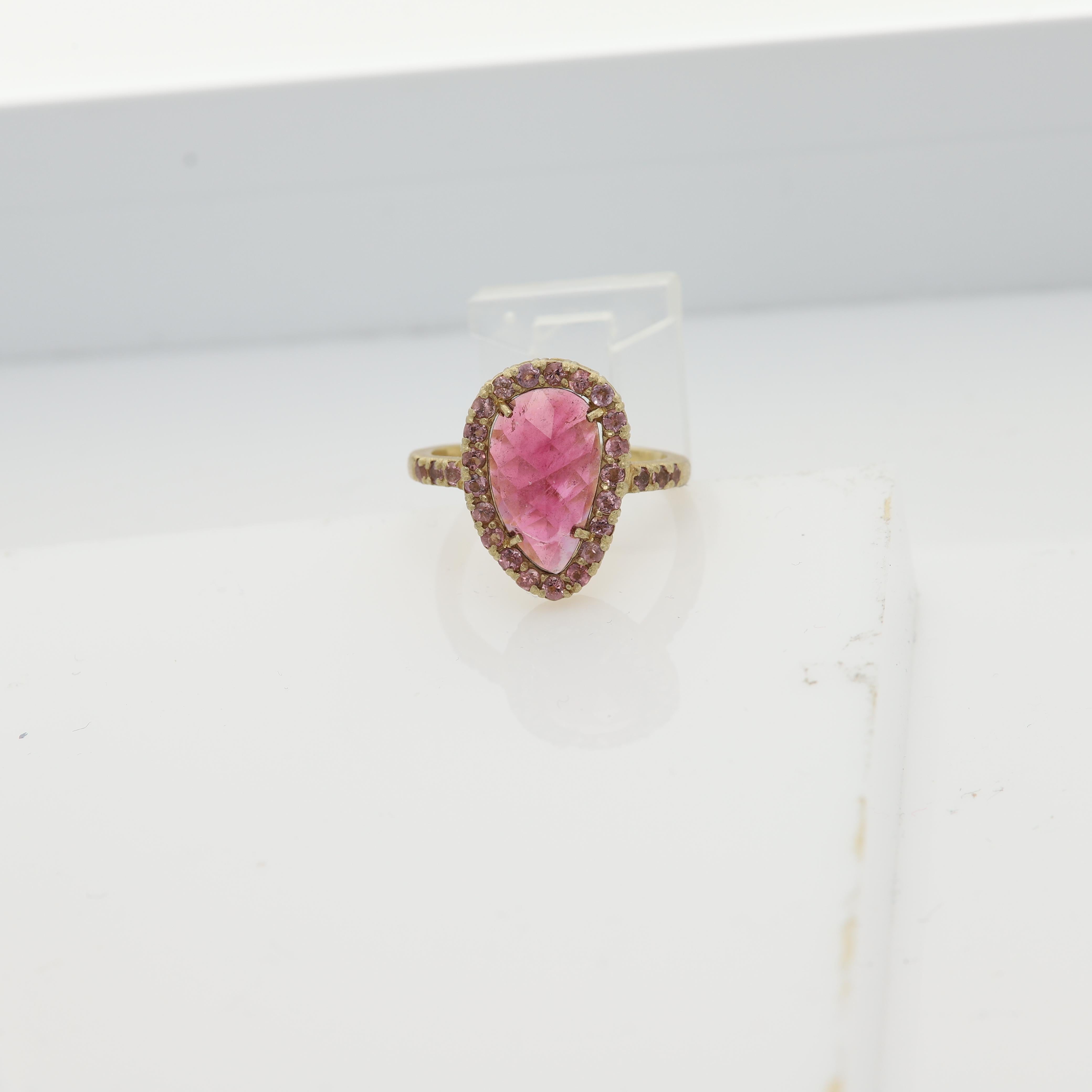 Pink Tourmaline Sliced Gem Ring 14 Karat Gold Vintage Pink Tourmaline Ring For Sale 2