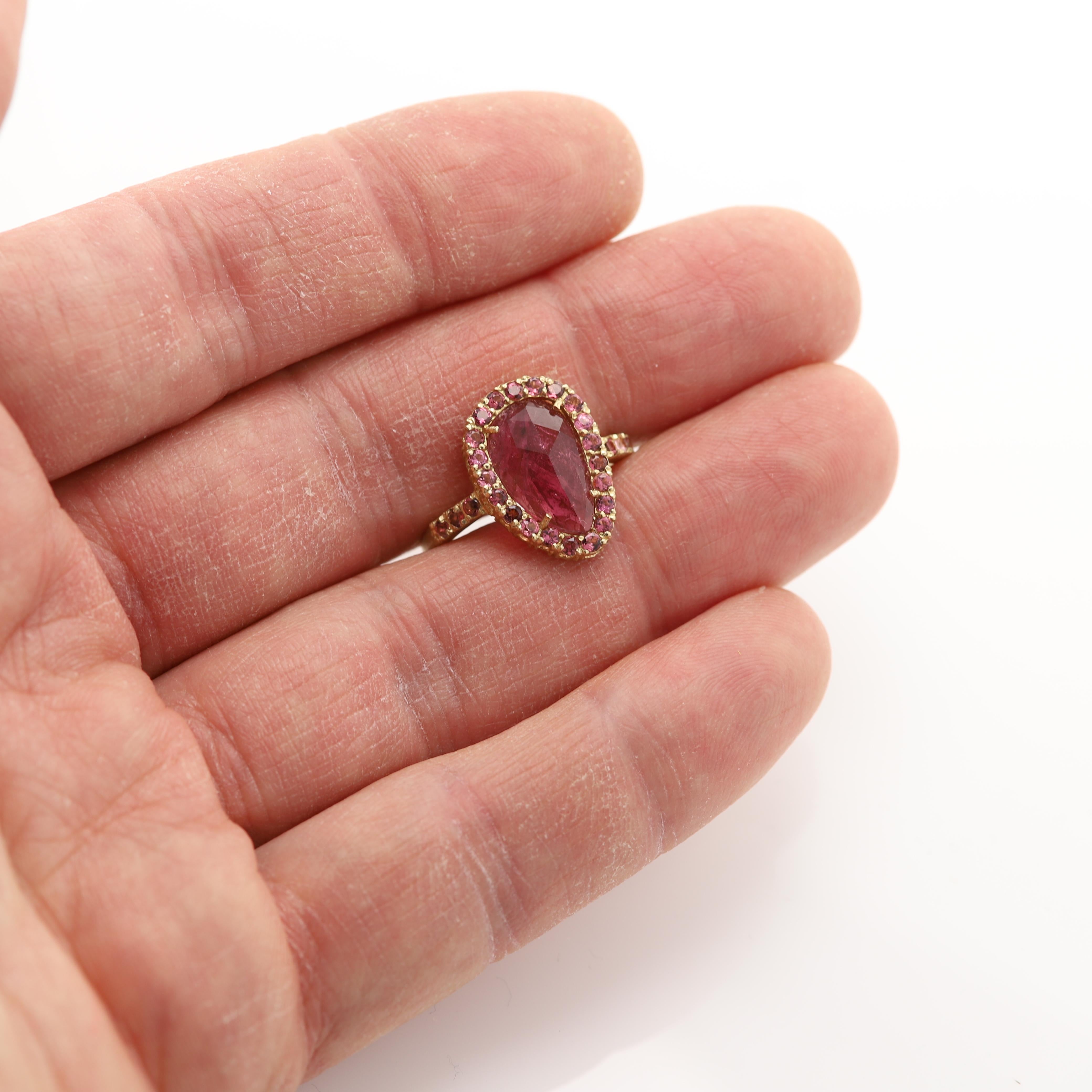 Old Mine Cut Pink Tourmaline Sliced Gem Ring 14 Karat Gold Vintage Pink Tourmaline Ring For Sale