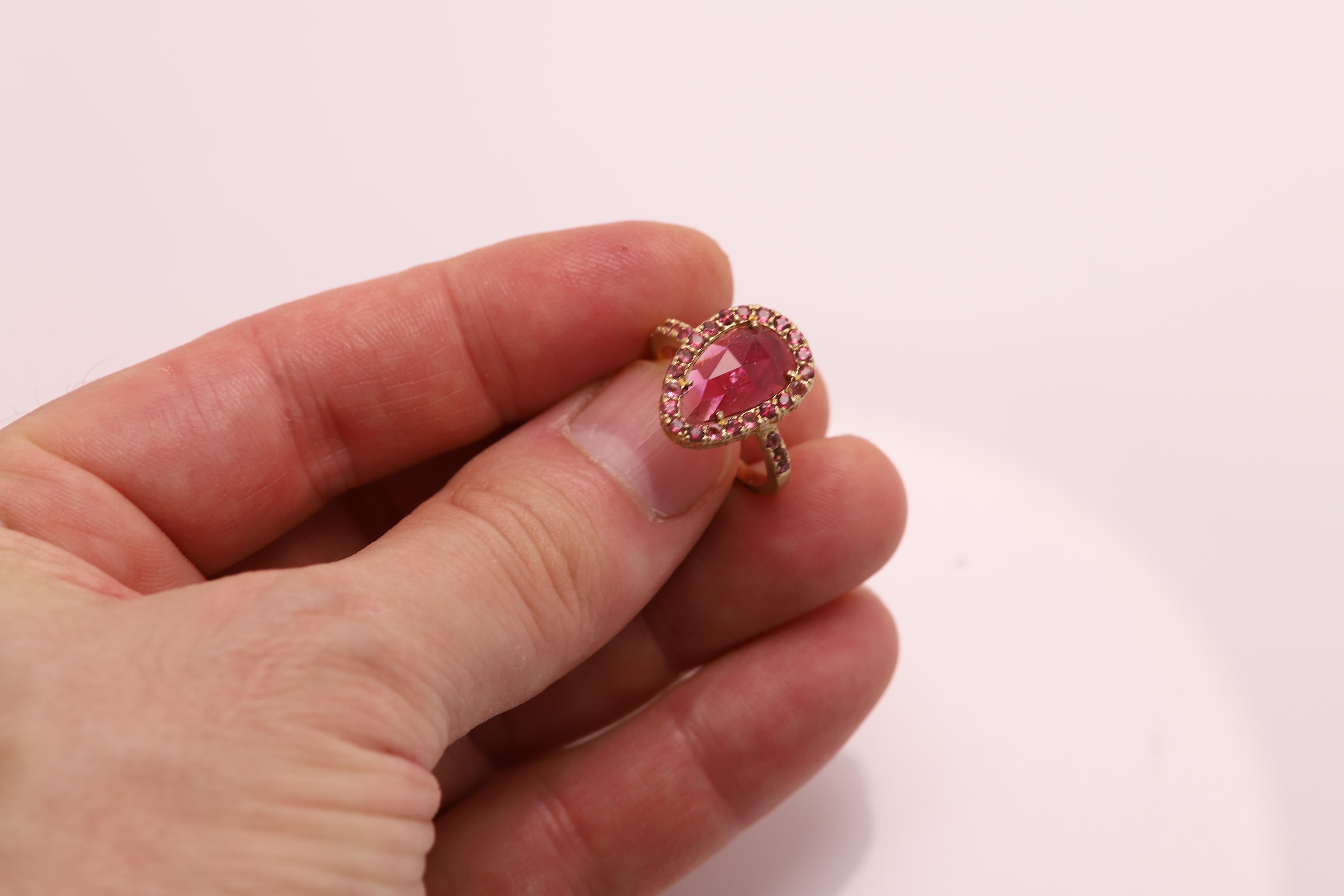 Old Mine Cut Pink Tourmaline Sliced Gem Ring 14 Karat Gold Vintage Pink Tourmaline Ring For Sale