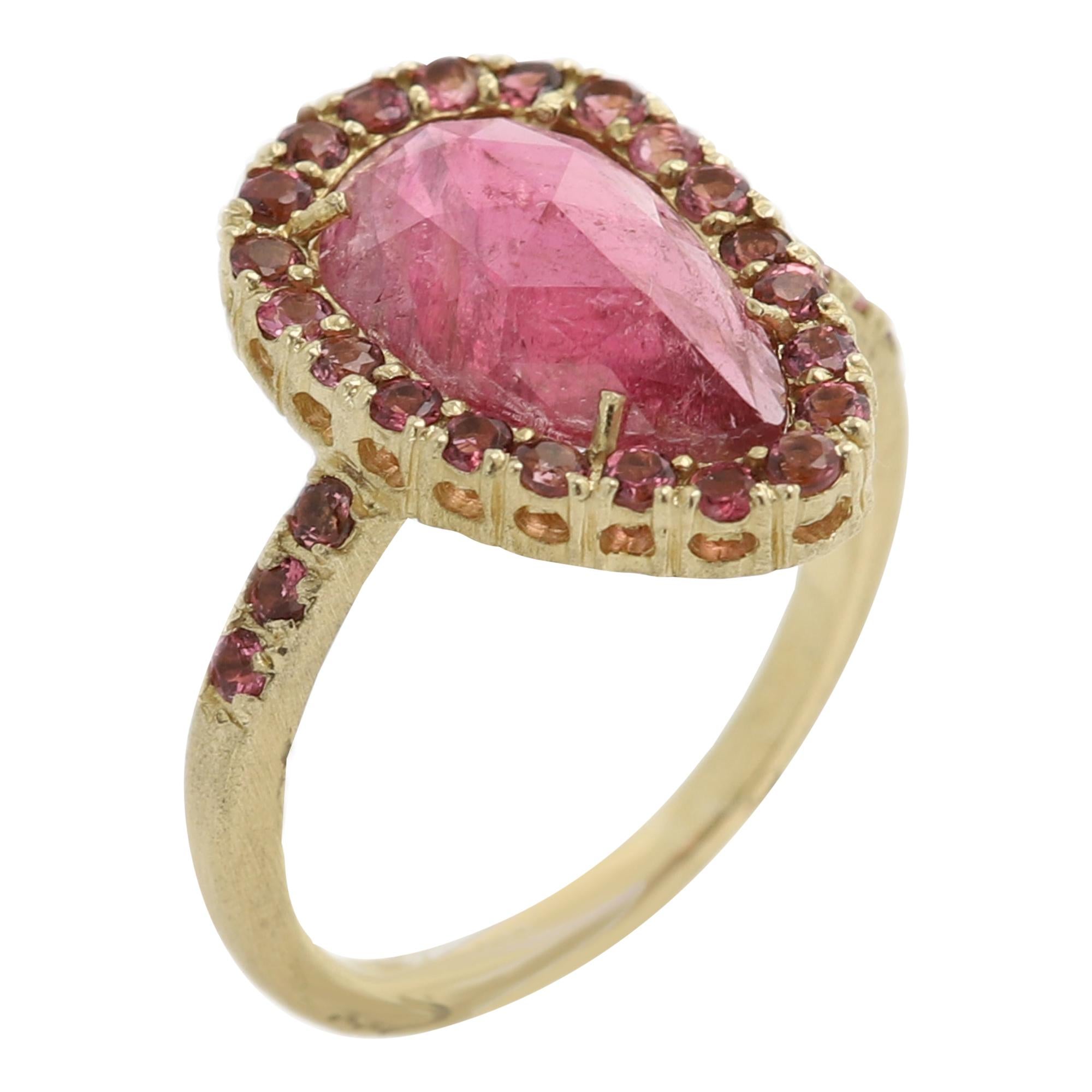 Ring mit rosa Turmalin und geschliffenem Edelstein 14 Karat Gold Vintage mit rosa Turmalin
