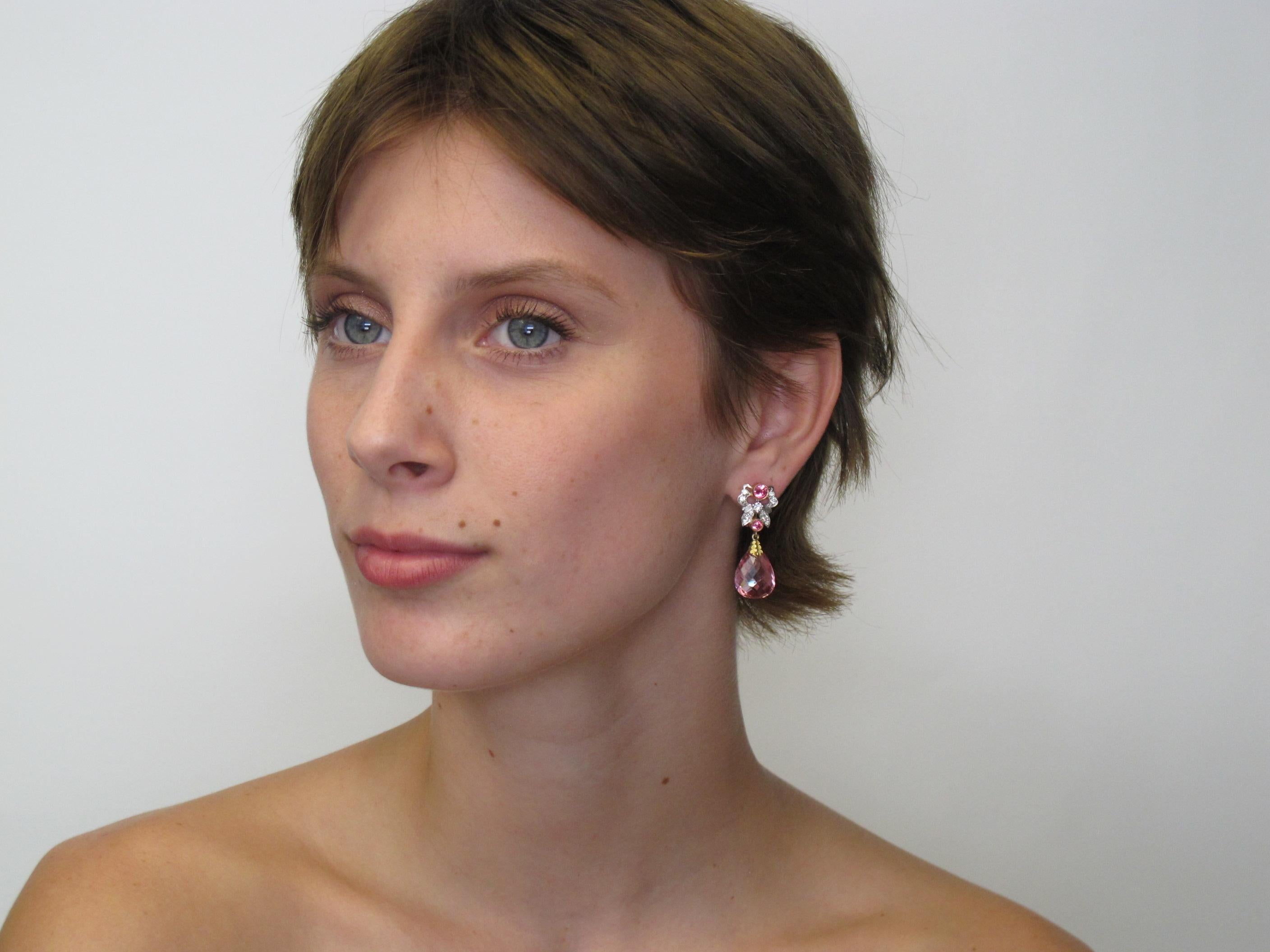 Artisan Pink Tourmaline Briolette, Spinel & Diamond 18k French Clip Dangle Drop Earrings