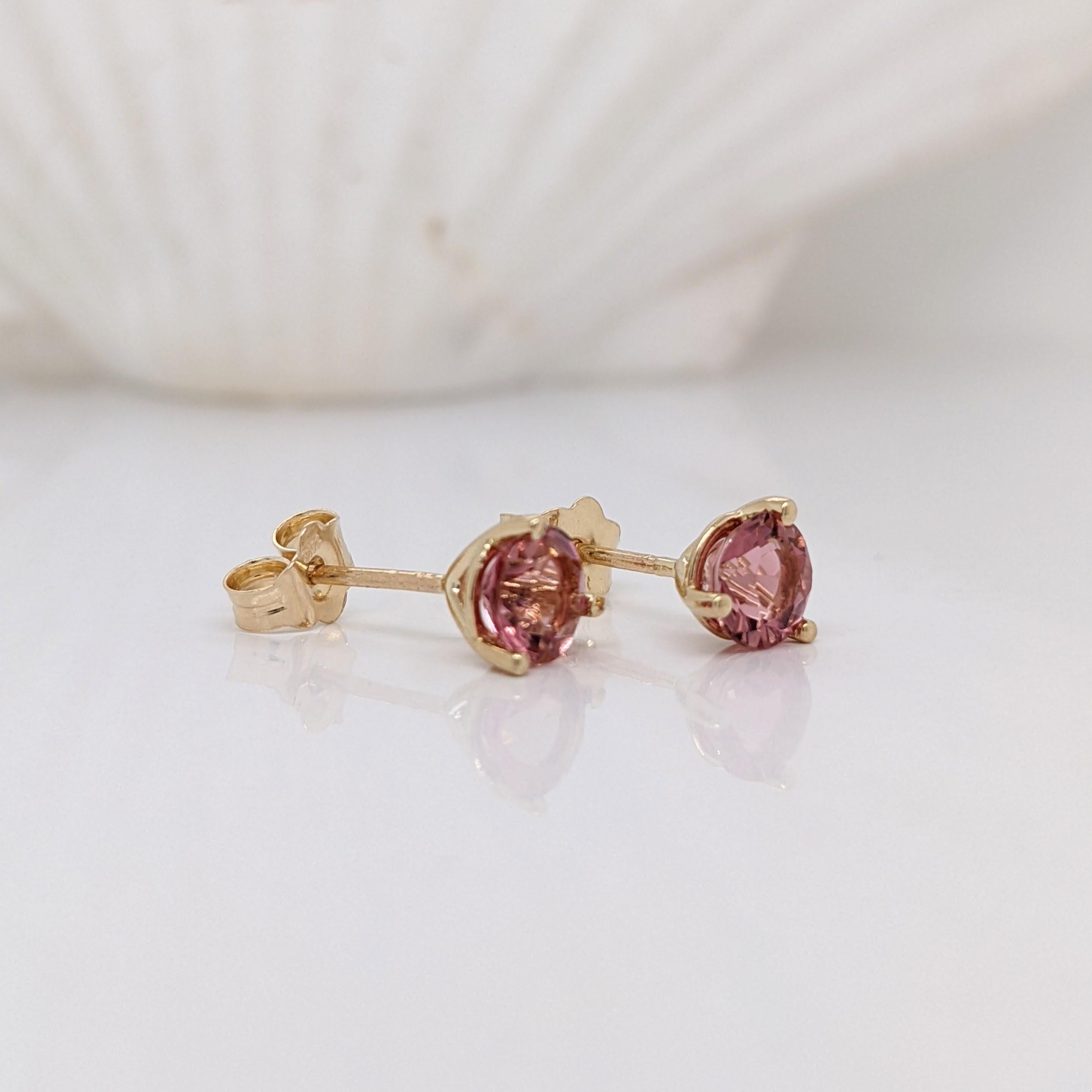 Natural Pink Tourmaline stud earrings with a martini prong setting in 14k solid gold. Bright, round Pink Tourmaline sparkles gorgeously in these stud earrings.  A friction backing makes for easy and comfortable wear.

The birthstone of October is