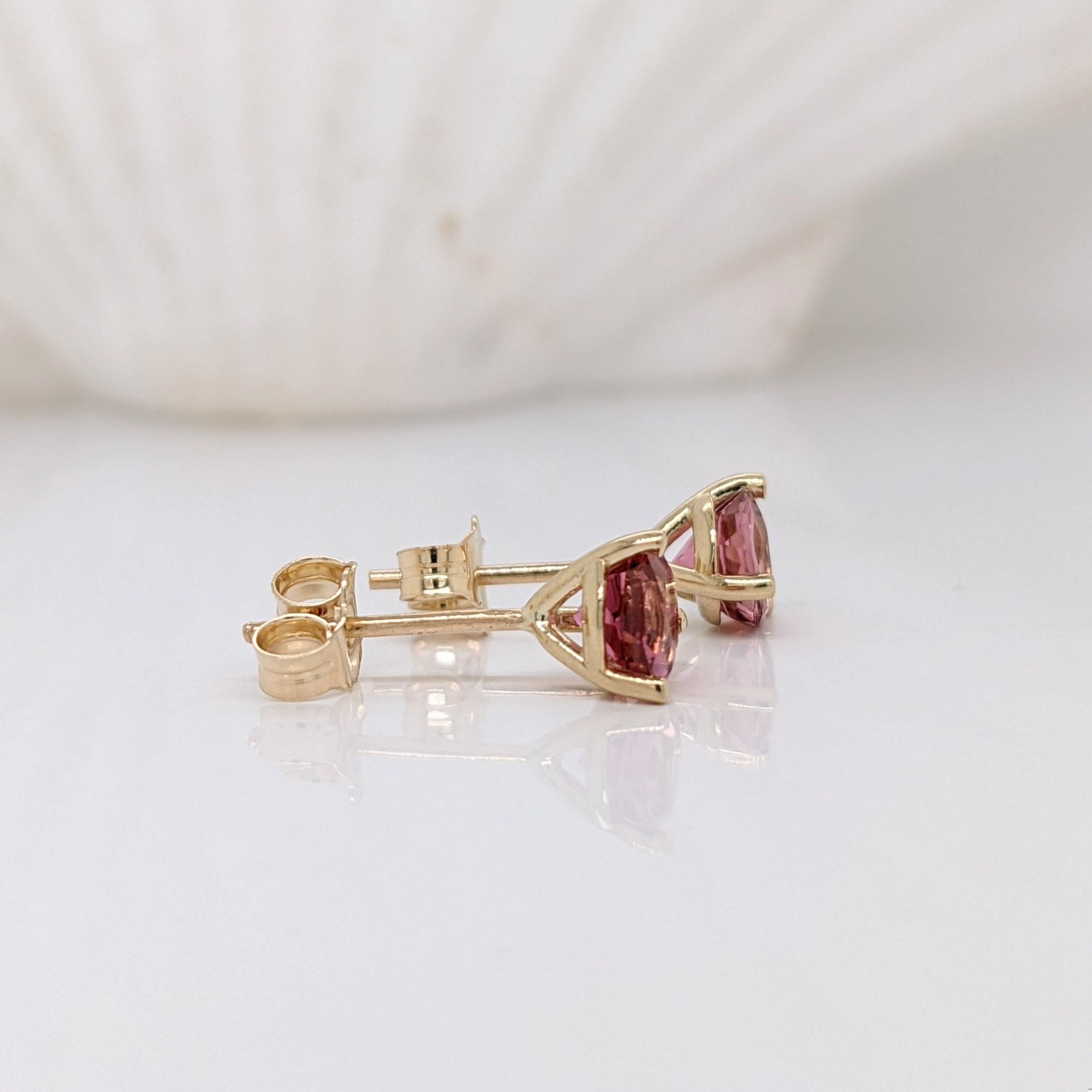 Modern Pink Tourmaline Studs w Martini Prong in 14k White, Yellow, Rose Gold Round 5mm For Sale