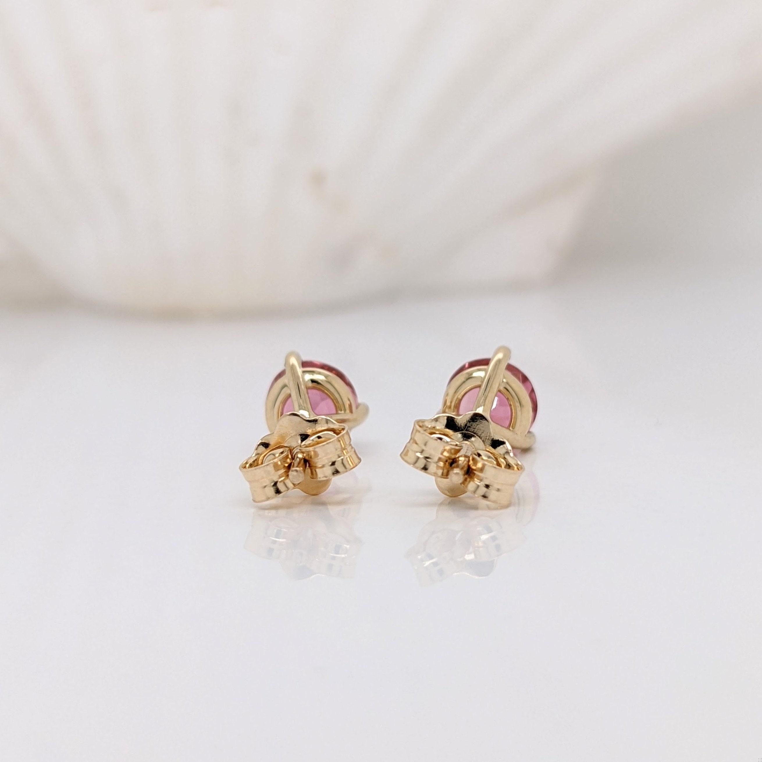 Round Cut Pink Tourmaline Studs w Martini Prong in 14k White, Yellow, Rose Gold Round 5mm For Sale