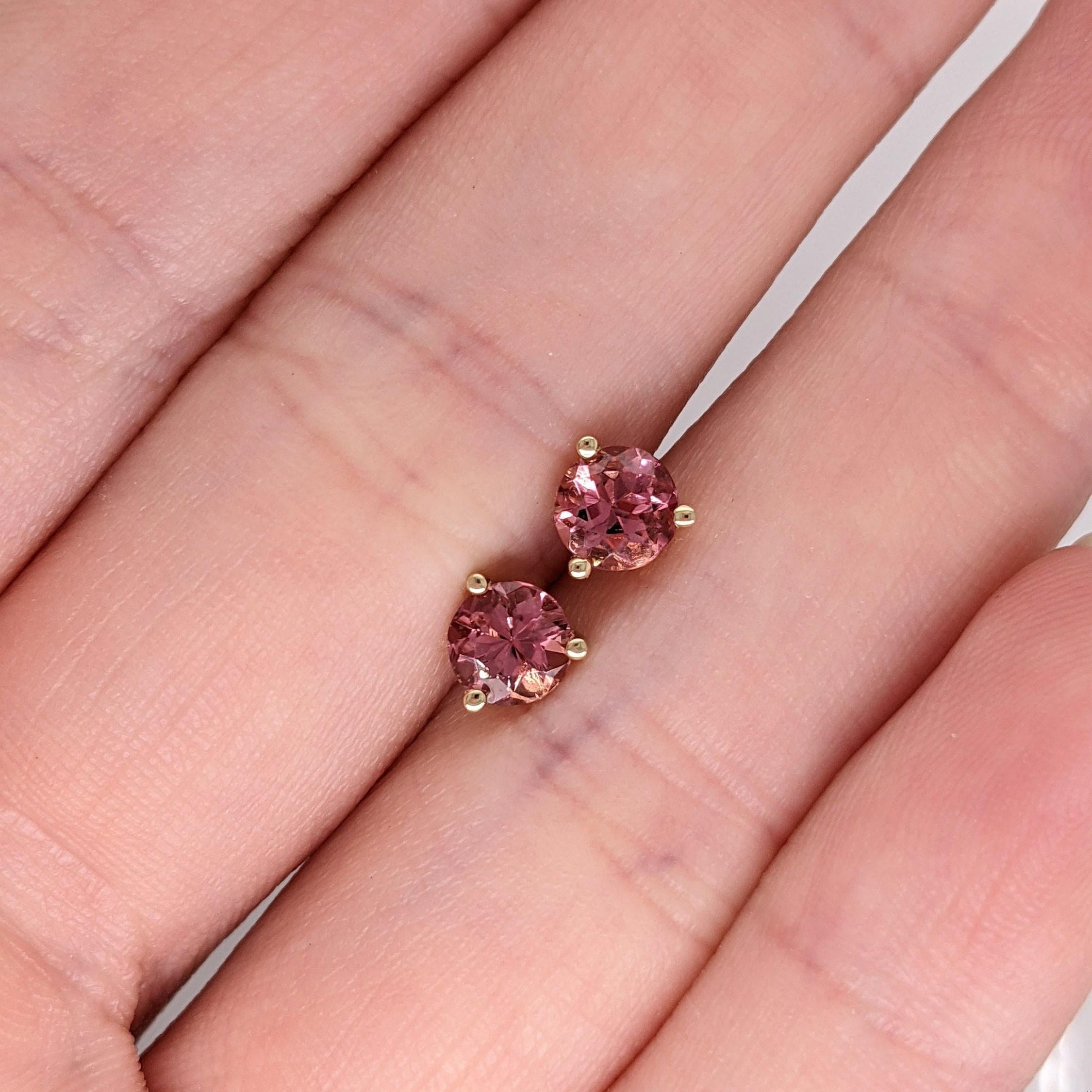 Pink Tourmaline Studs w Martini Prong in 14k White, Yellow, Rose Gold Round 5mm In New Condition In Columbus, OH
