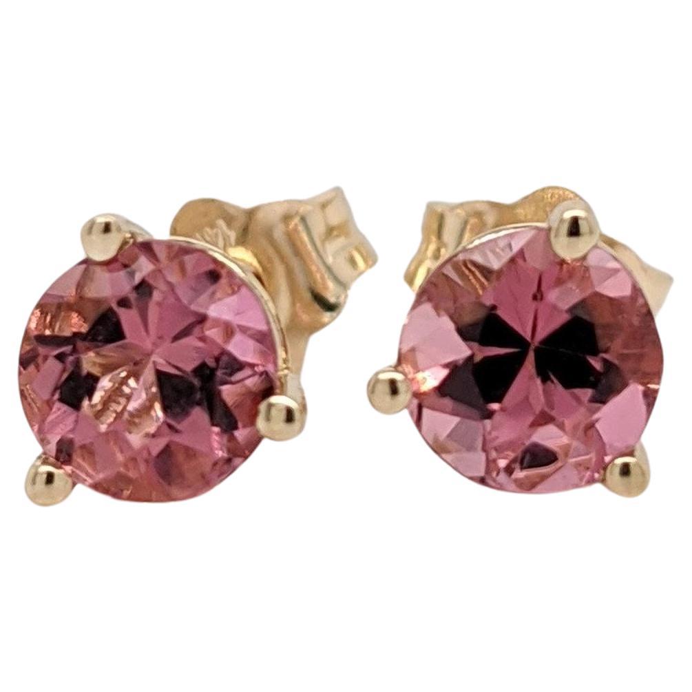 Pink Tourmaline Studs w Martini Prong in 14k White, Yellow, Rose Gold Round 5mm For Sale