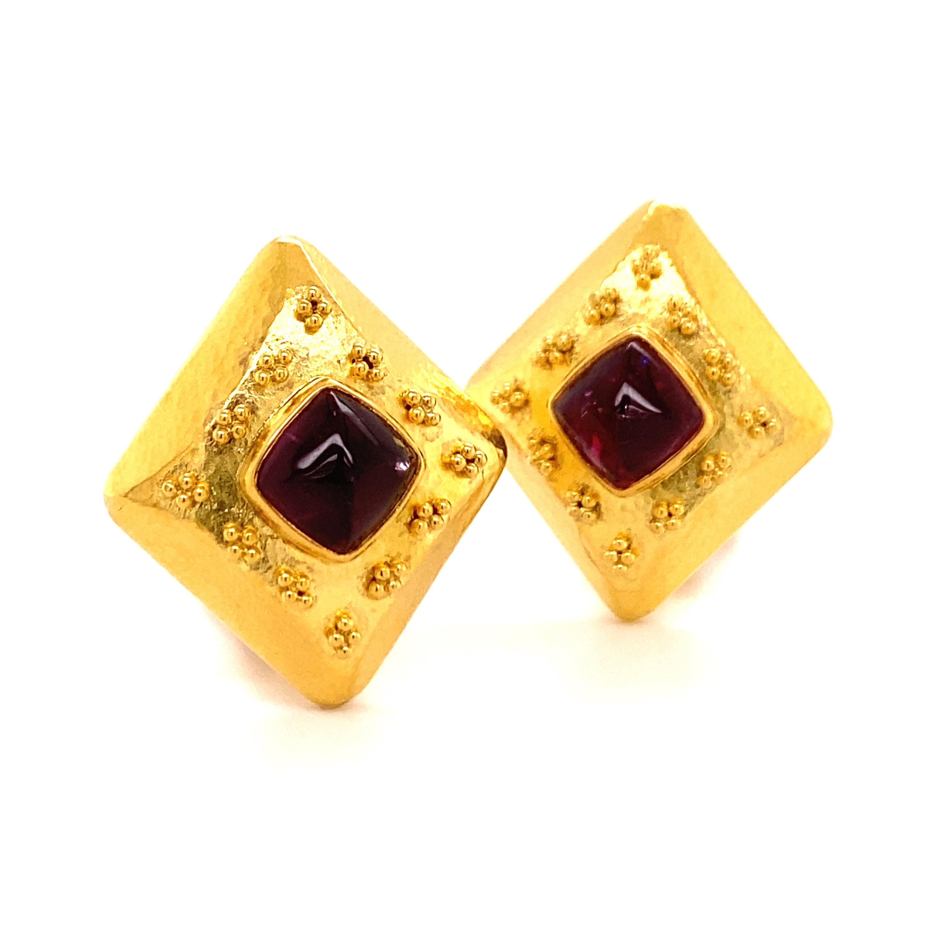 Women's or Men's Pink Tourmaline Sugarloaf Earclips with Granulation in 18 Karat Yellow Gold For Sale