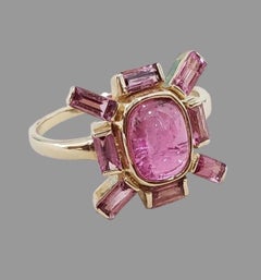 Pink Tourmaline Sunburst Cocktail Ring in Yellow Gold