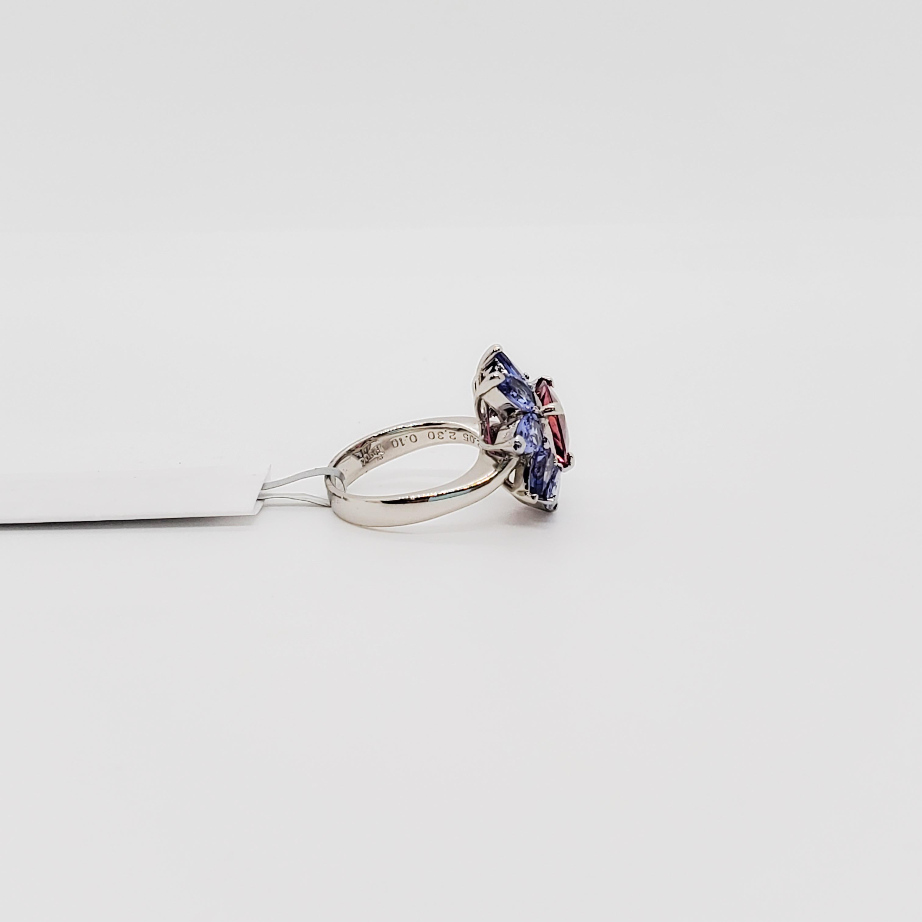 Pink Tourmaline, Tanzanite, and White Diamond Cluster Ring in Platinum In New Condition In Los Angeles, CA