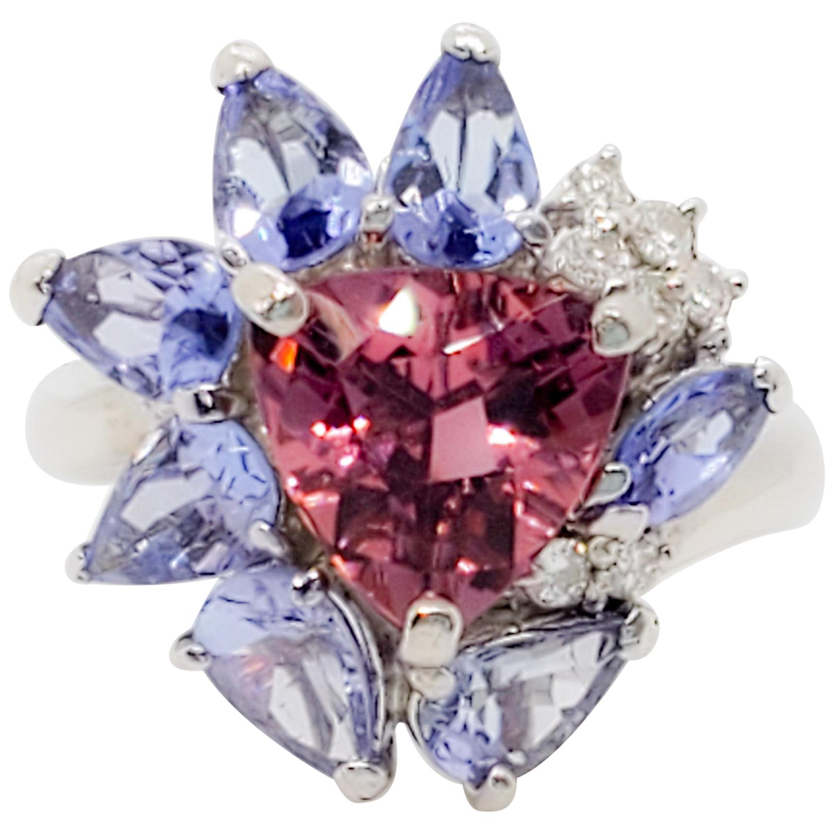 Pink Tourmaline, Tanzanite, and White Diamond Cluster Ring in Platinum