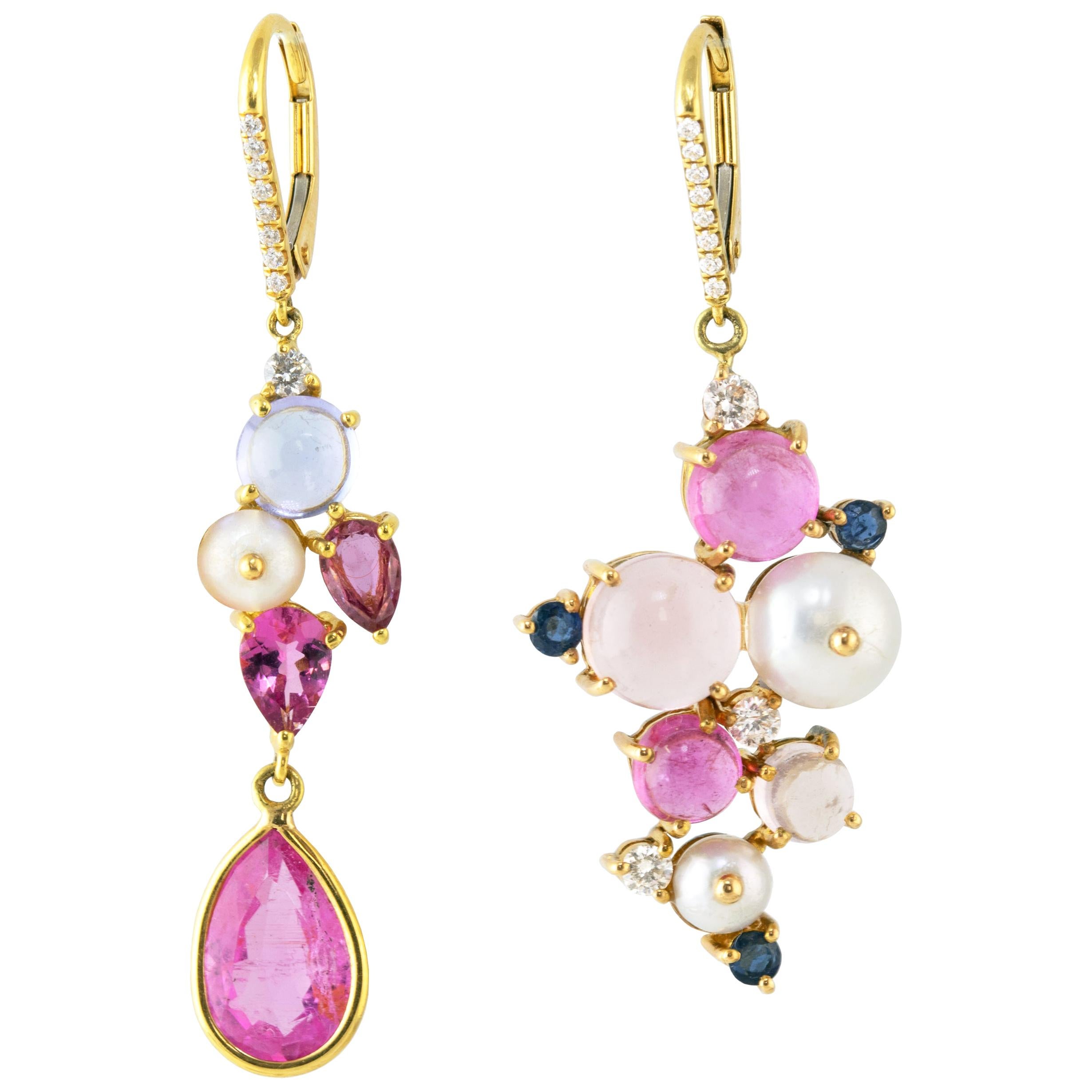 Ico & the Bird Boucles d'oreilles en or 18 carats avec tourmaline rose, tanzanite, diamant et perle en vente
