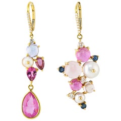 Ico & the Bird Pink Tourmaline, Tanzanite, Diamond, Pearl 18k Gold Earrings