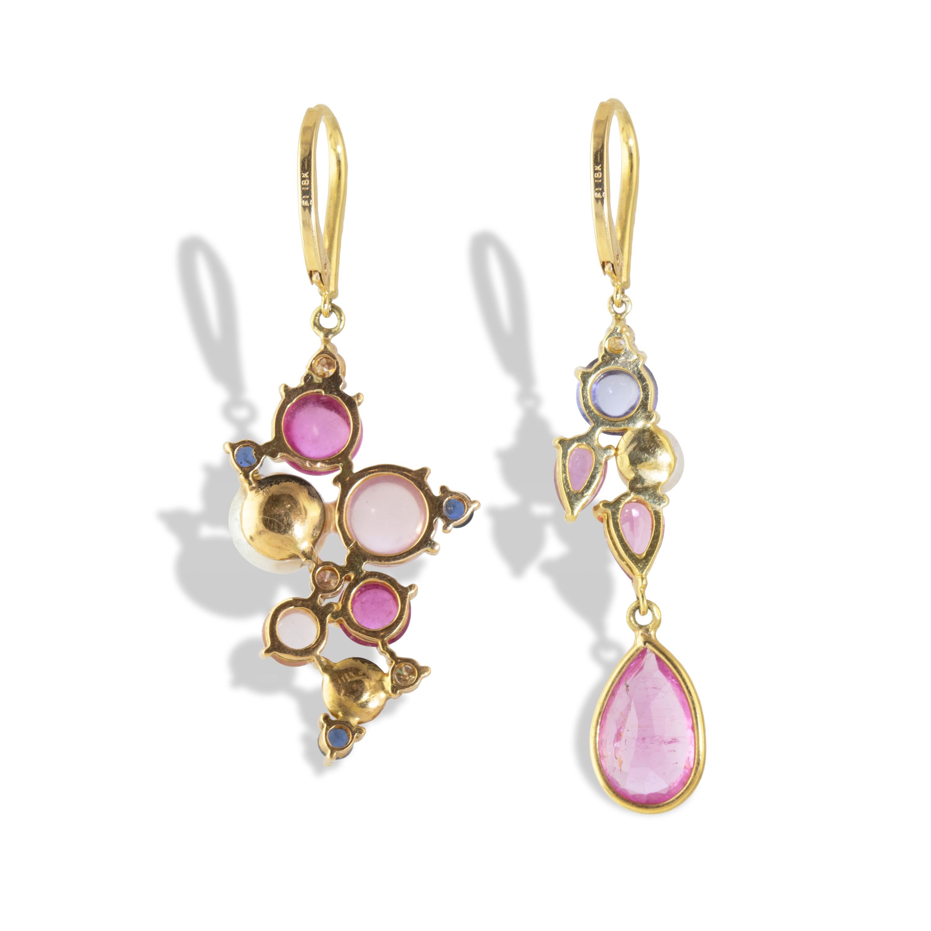 Contemporain Ico & the Bird Boucles d'oreilles en or 18 carats avec tourmaline rose, tanzanite, diamant et perle en vente