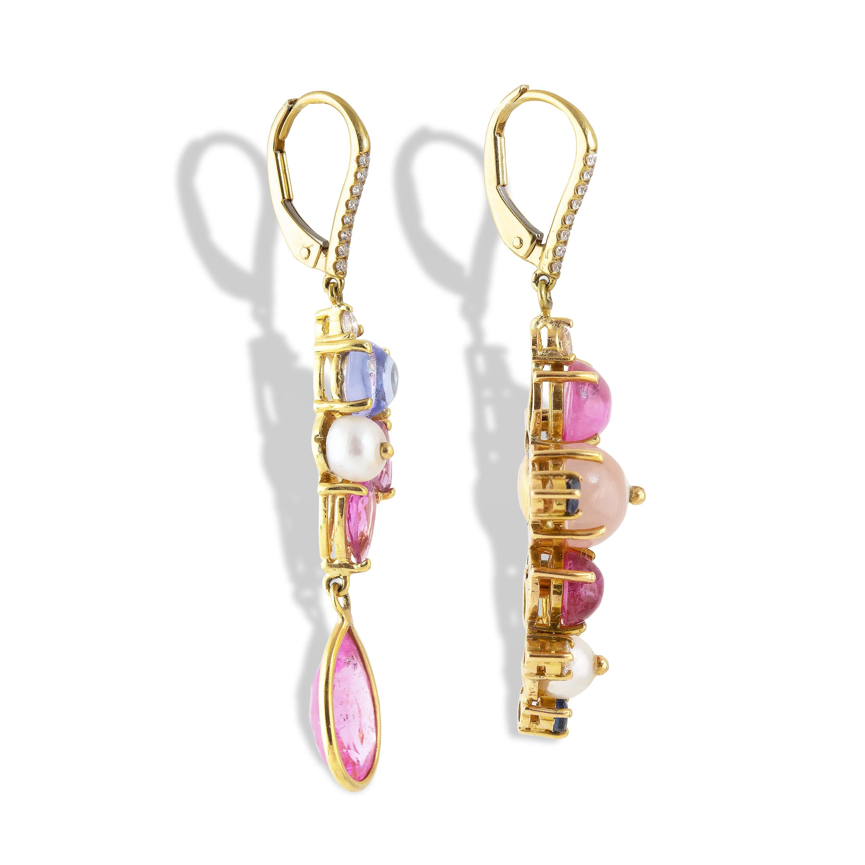 Brilliant Cut Ico & the Bird Pink Tourmaline, Tanzanite, Diamond, Pearl 18k Gold Earrings For Sale