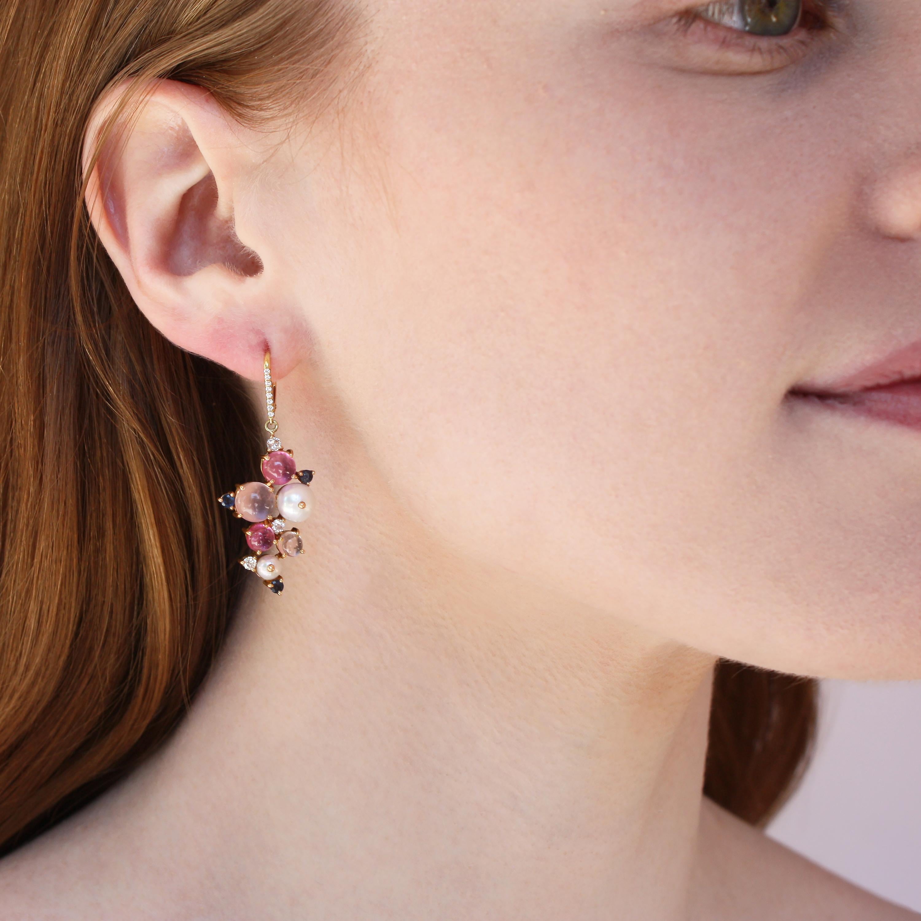 Ico & the Bird Pink Tourmaline, Tanzanite, Diamond, Pearl 18k Gold Earrings In New Condition For Sale In Los Angeles, CA