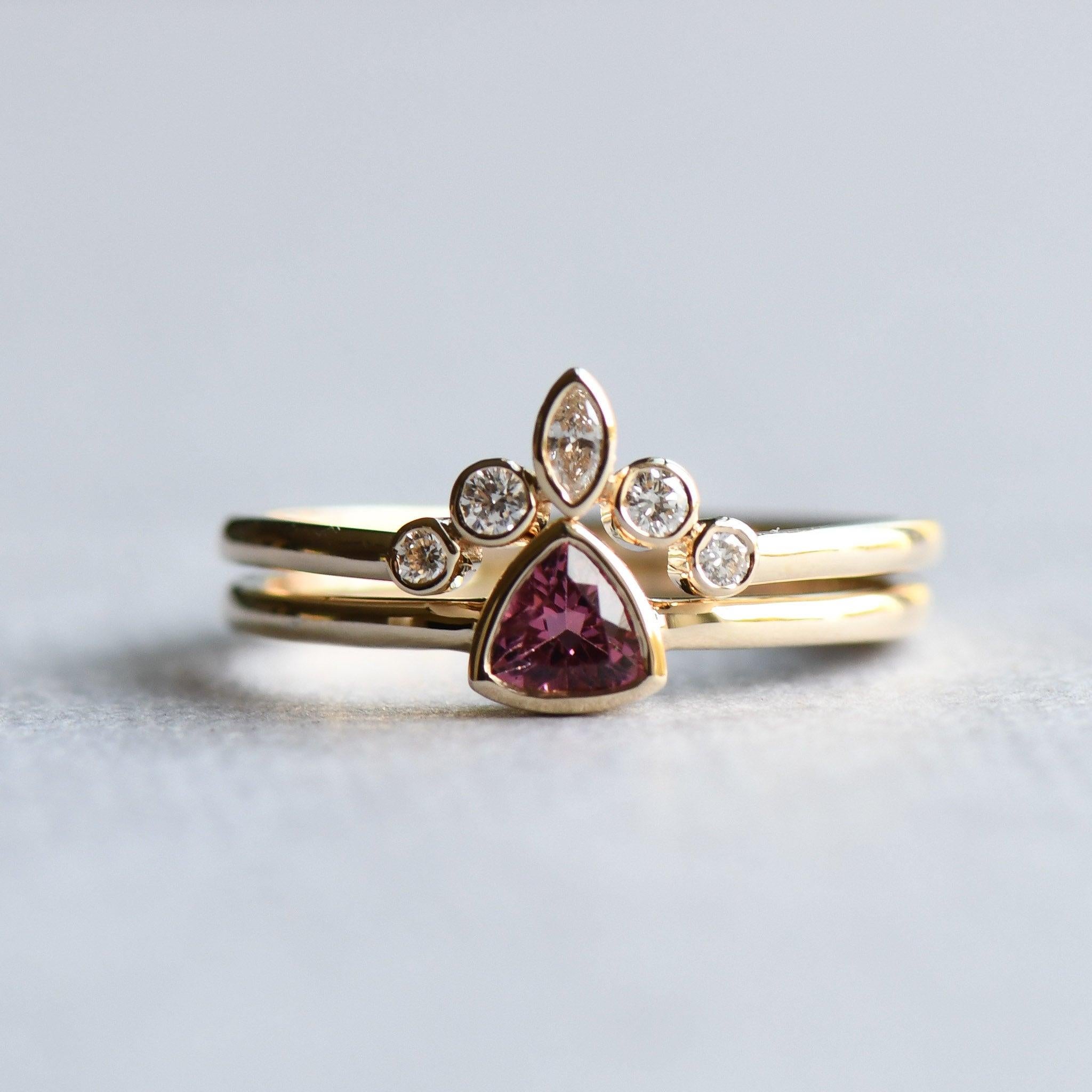 For Sale:  Pink Tourmaline Trillion Ring with Diamond Ring Guard, 14 Karat Rose Gold Ring 3